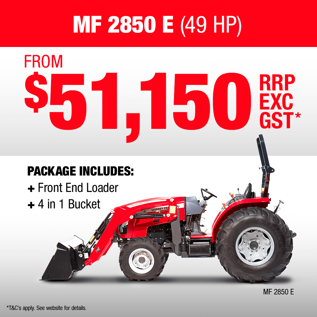 Massey Ferguson MF 2850 E compact tractor with heavy-duty loader and bucket.
