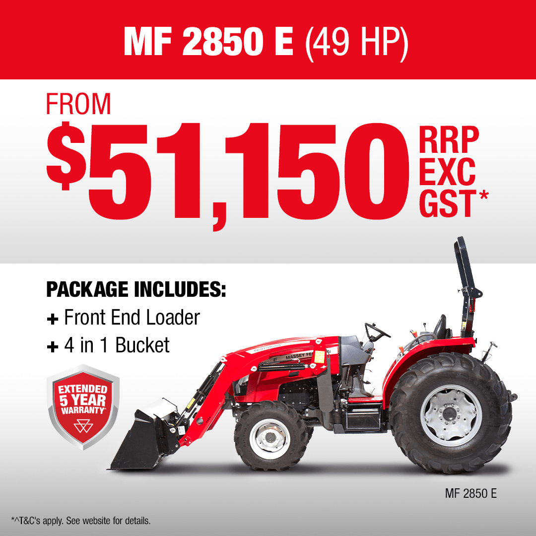 Massey Ferguson MF 2850 E compact tractor with heavy-duty loader and bucket.