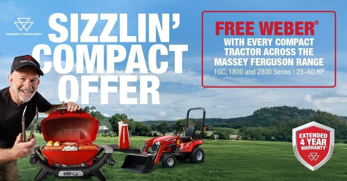 Massey Ferguson “Sizzlin’ Compact Offer” campaign banner showing compact tractor and Weber BBQ, promoting free BBQ and 4-year warranty deal.