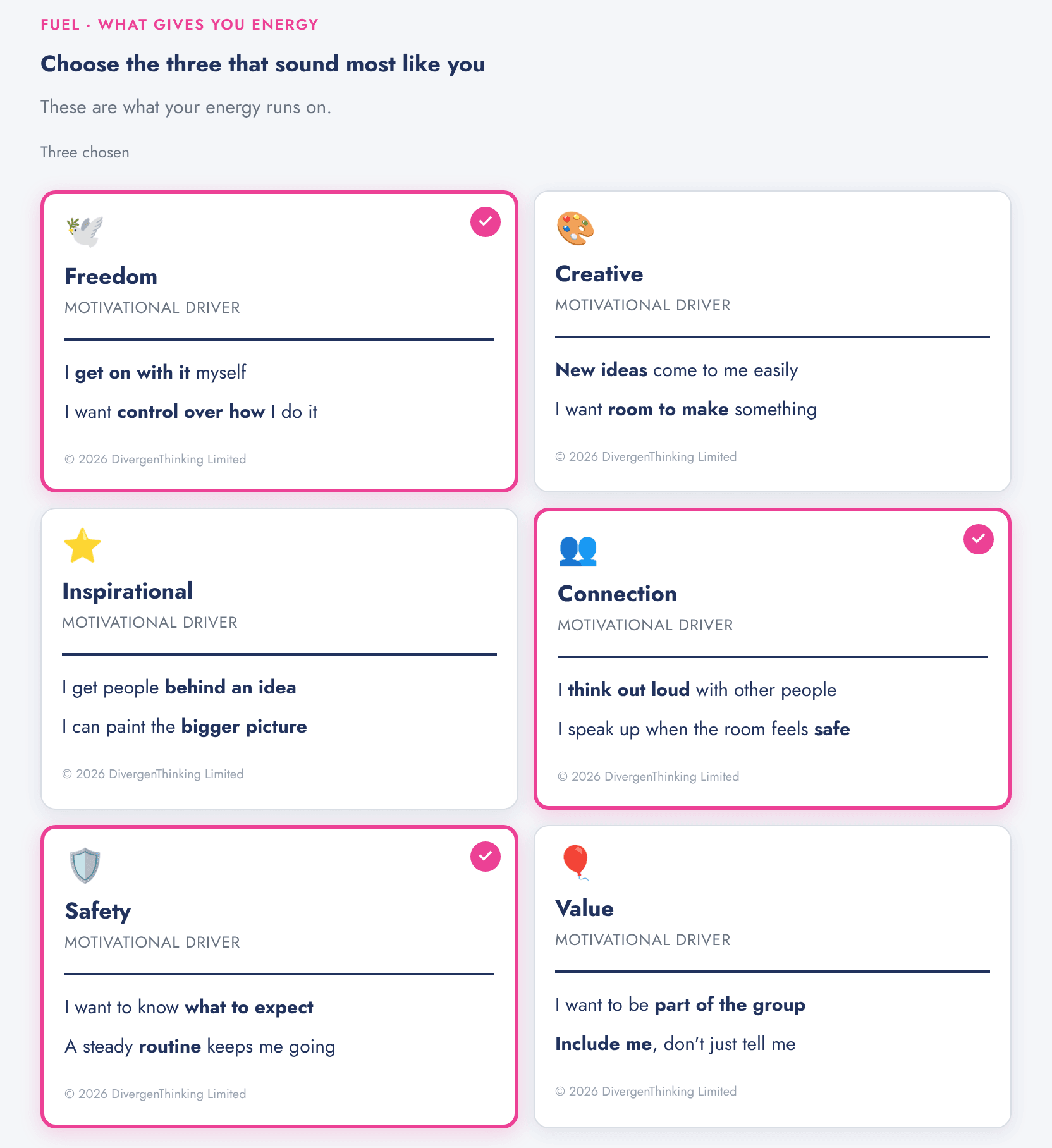 The online nQ card sort, with three Motivational Driver cards chosen on screen.