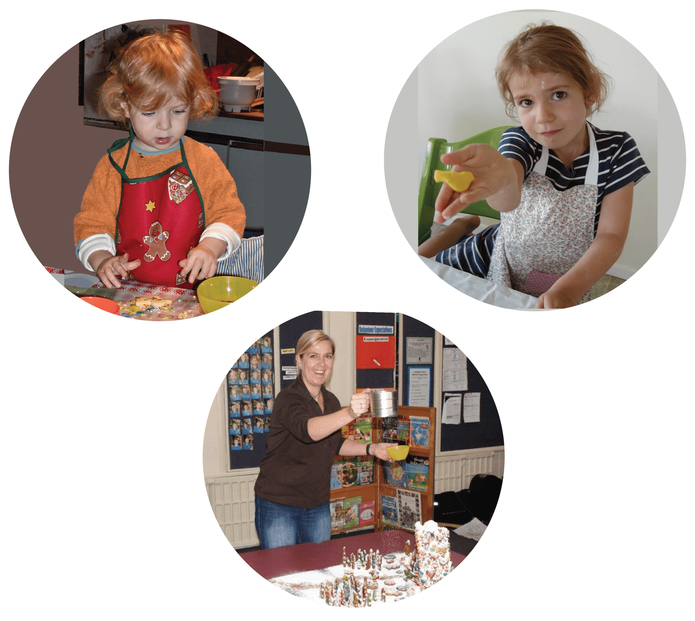 Three photo. Two of Sabine's daughters baking cookies as pre-schoolers and Sabine doing a gingerbread house baking project at the girls school