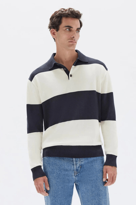 CARTER COTTON LONG SLEEVE KNIT POLO - NAVY/CREAM