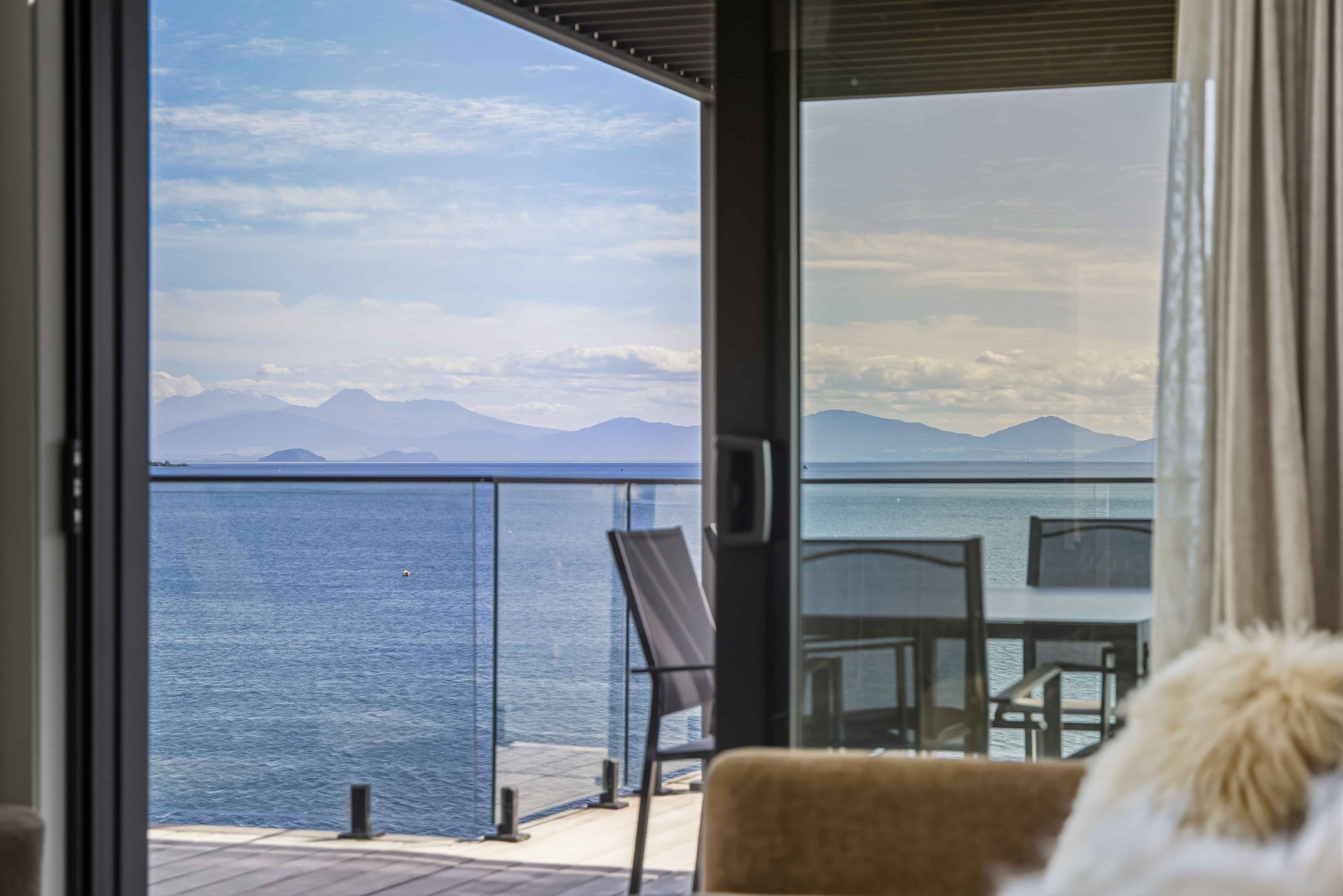 Sunset and lake views from accommodation in lake taupo, new zealand