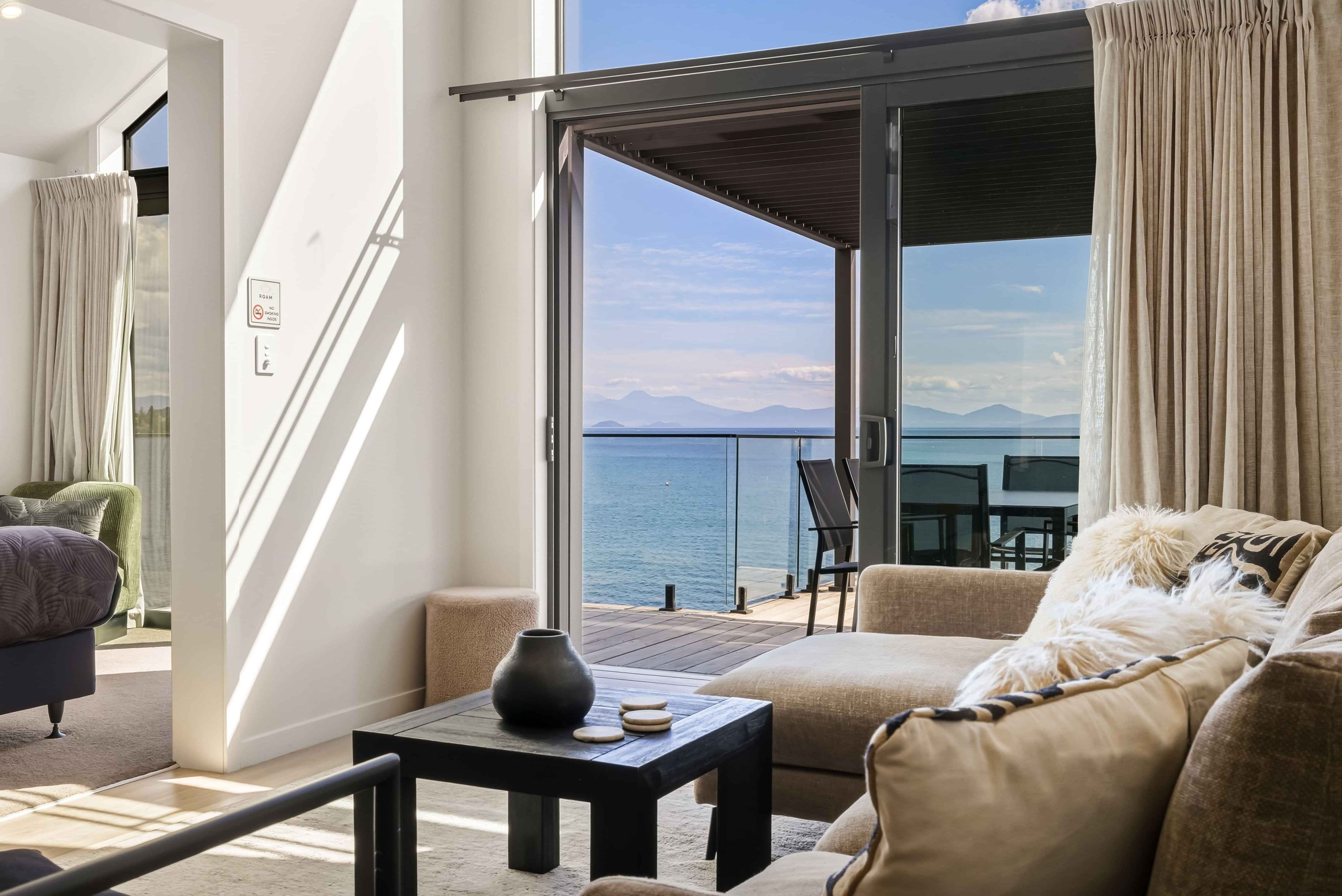 Sunset and lake views from accommodation in lake taupo, new zealand