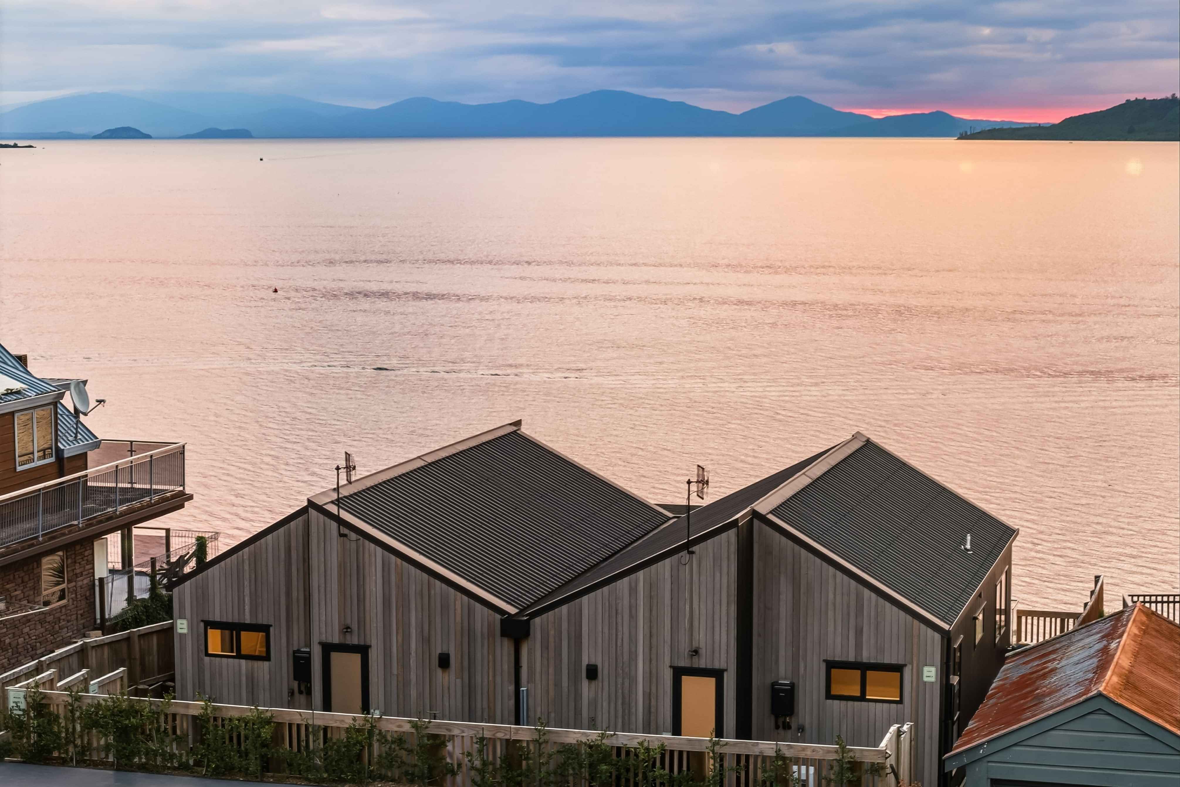 Sunset over Lake Taupo viewed from Roam Taupo lakefront units