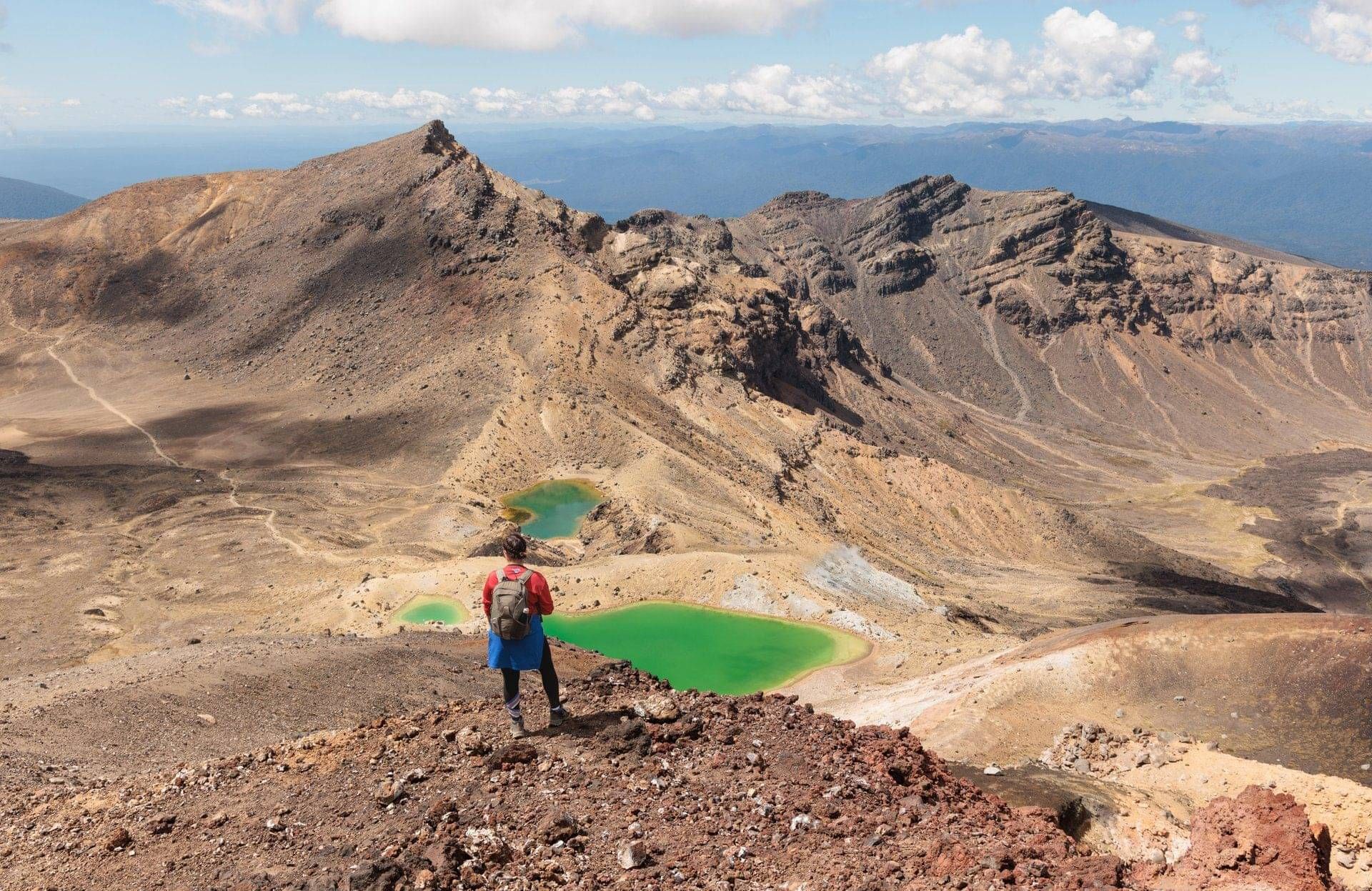 Hiker overlooking the Emerald Lakes on the Tongariro Alpine Crossing, Tongariro National Park