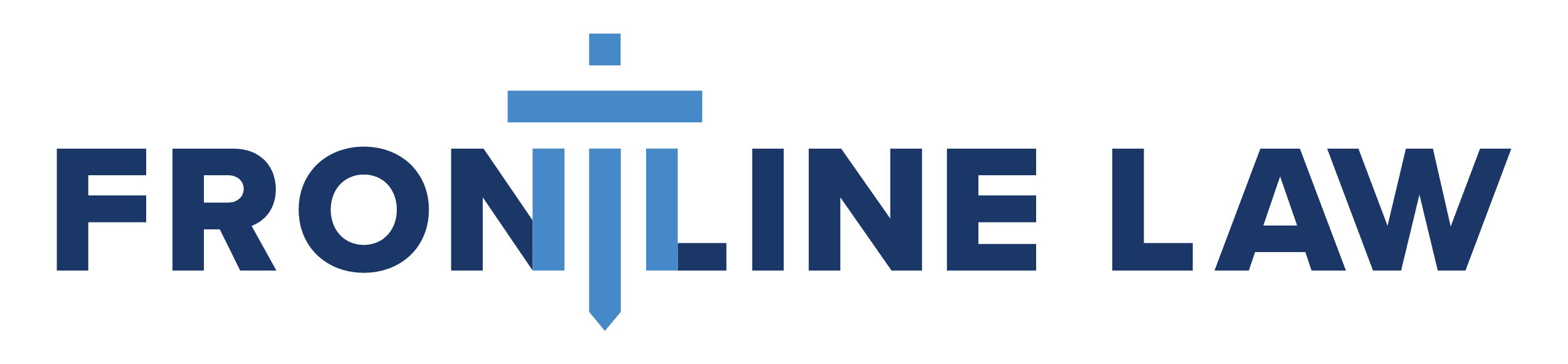 Frontline Law logo shows bold blue text with a stylized "T" in the word "Frontline" designed as a balanced scale