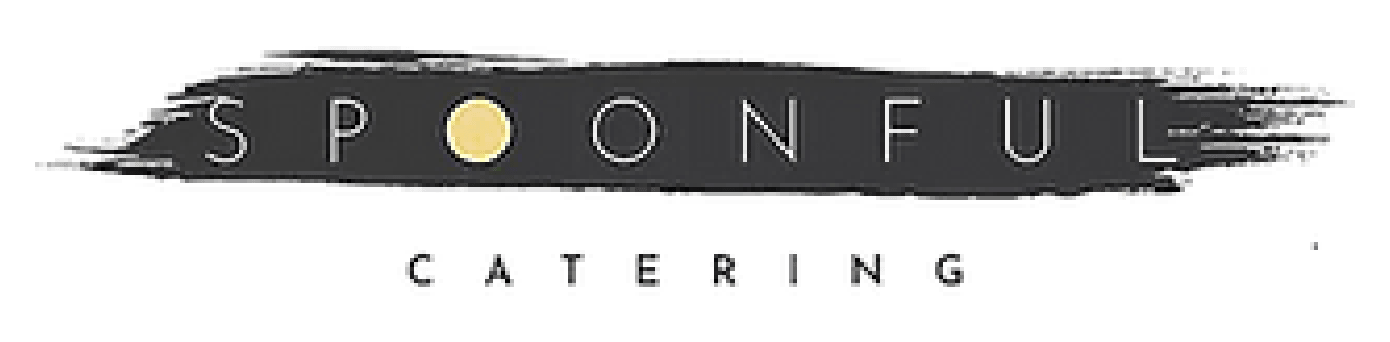 Spoonful Catering logo features "Spoonful" in uppercase on a dark brushstroke, with a yellow circle as the "O," and "Catering" below