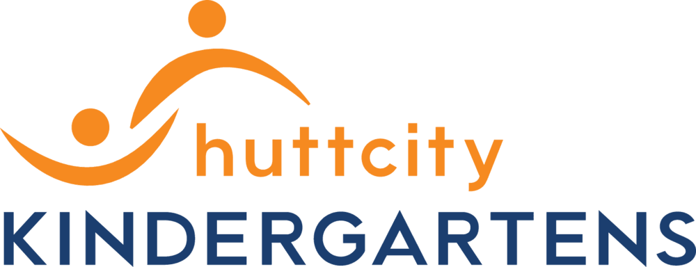 "Logo for Hutt City Kindergartens, featuring orange figures and text with 'hutt city' in orange and 'KINDERGARTENS' in blue