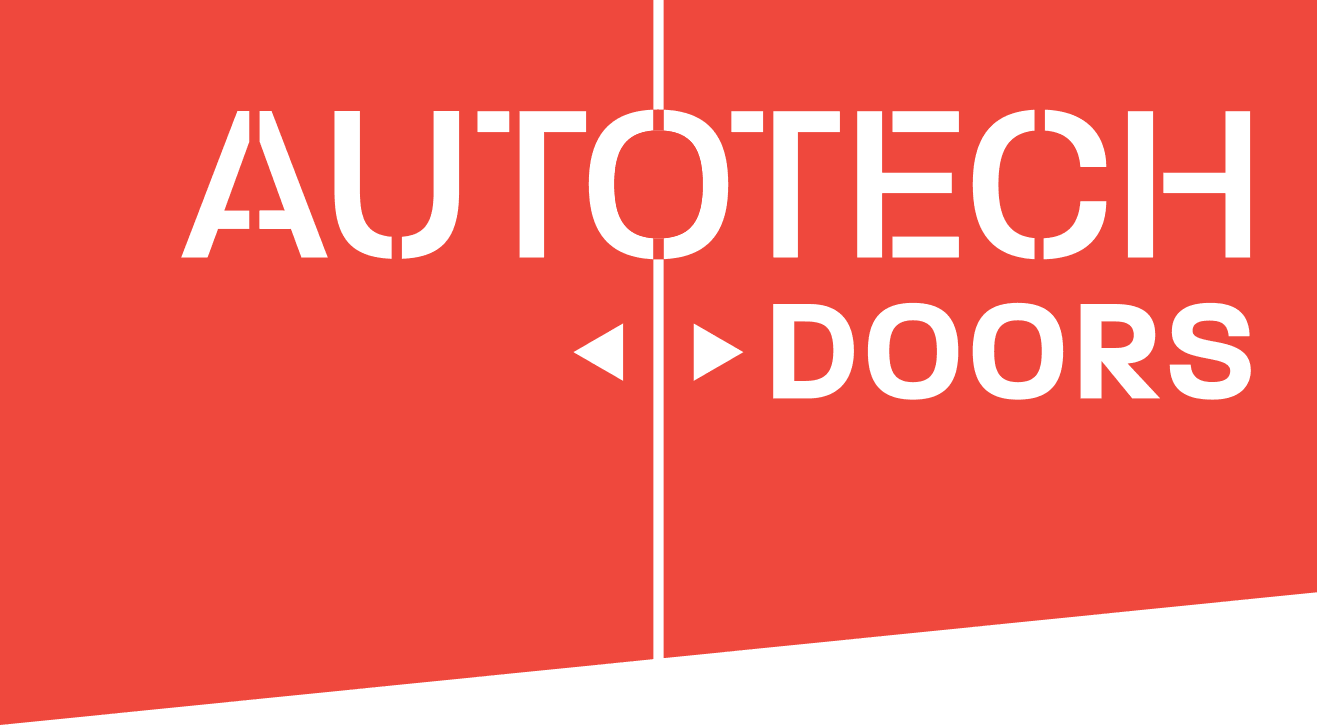 Autotech Doors logo features white text on a red rectangular shape, with a vertical line splitting the design