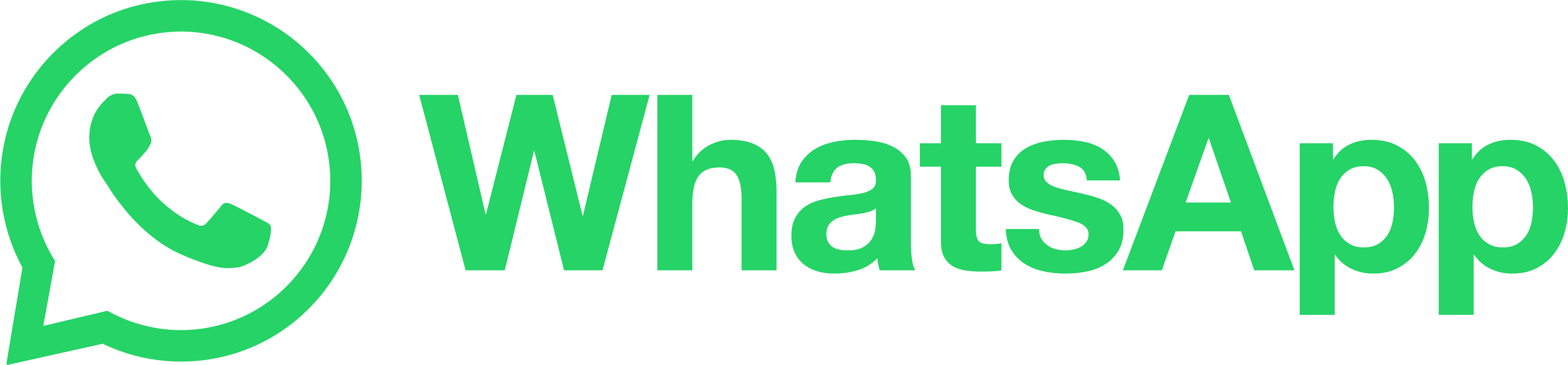 WhatsApp logo featuring a green speech bubble icon with a green phone image inside, next to bold green text "WhatsApp"
