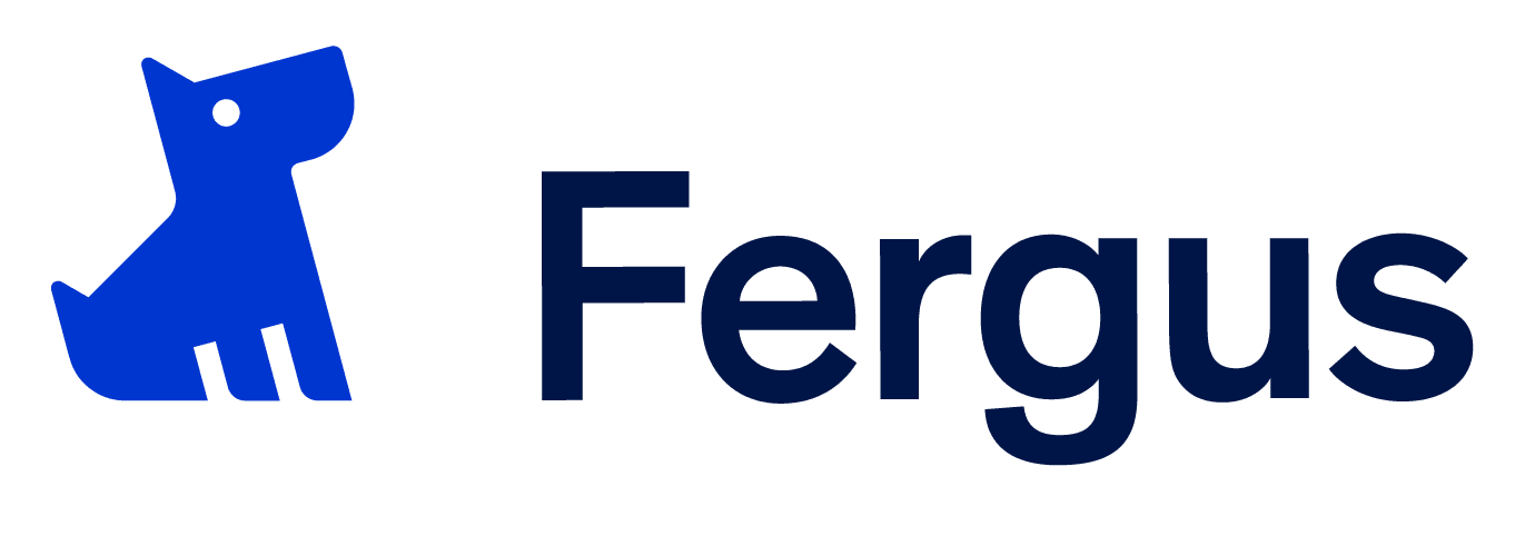 Fergus logo featuring a stylised blue dog icon to the left of the brand name in bold navy text