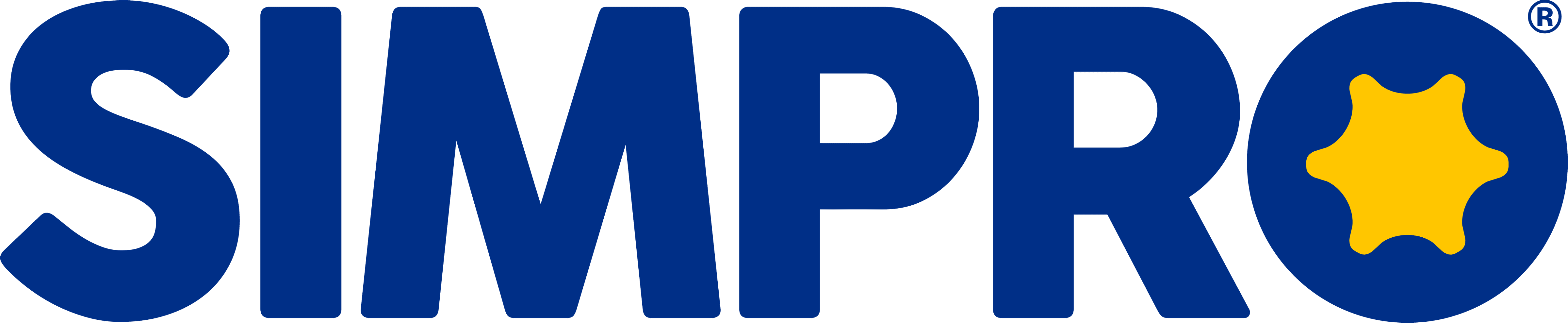 Simpro logo in bold blue uppercase letters with a yellow gear-shaped icon placed inside the 'O'