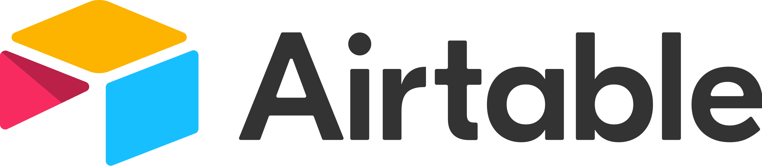 Airtable logo with a multi-coloured 3D block icon in red, yellow, and blue, followed by 'Airtable' in bold, dark grey text
