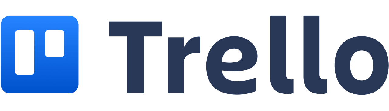 Trello logo with a blue square icon featuring two white vertical bars, next to 'Trello' in bold, dark navy text