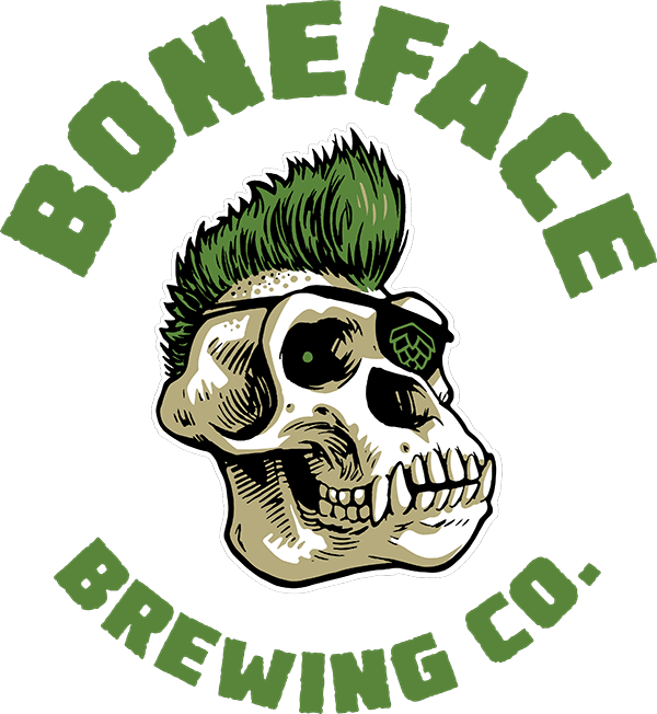 Logo for Boneface Brewing Co., featuring a stylised skull with a green mohawk and an eyepatch, surrounded by the company name in green text