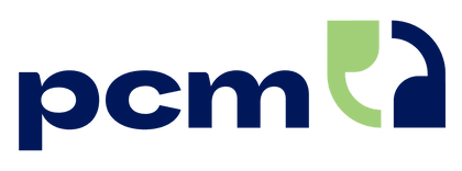 PCM Oceania logo featuring bold, navy-blue text "pcm" followed by a green and blue abstract symbol