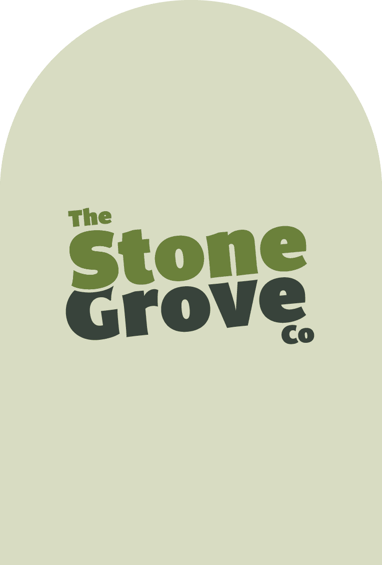 Logo for The Stone Grove Co. with bold, playful lettering in shades of green, set against a soft, arched background