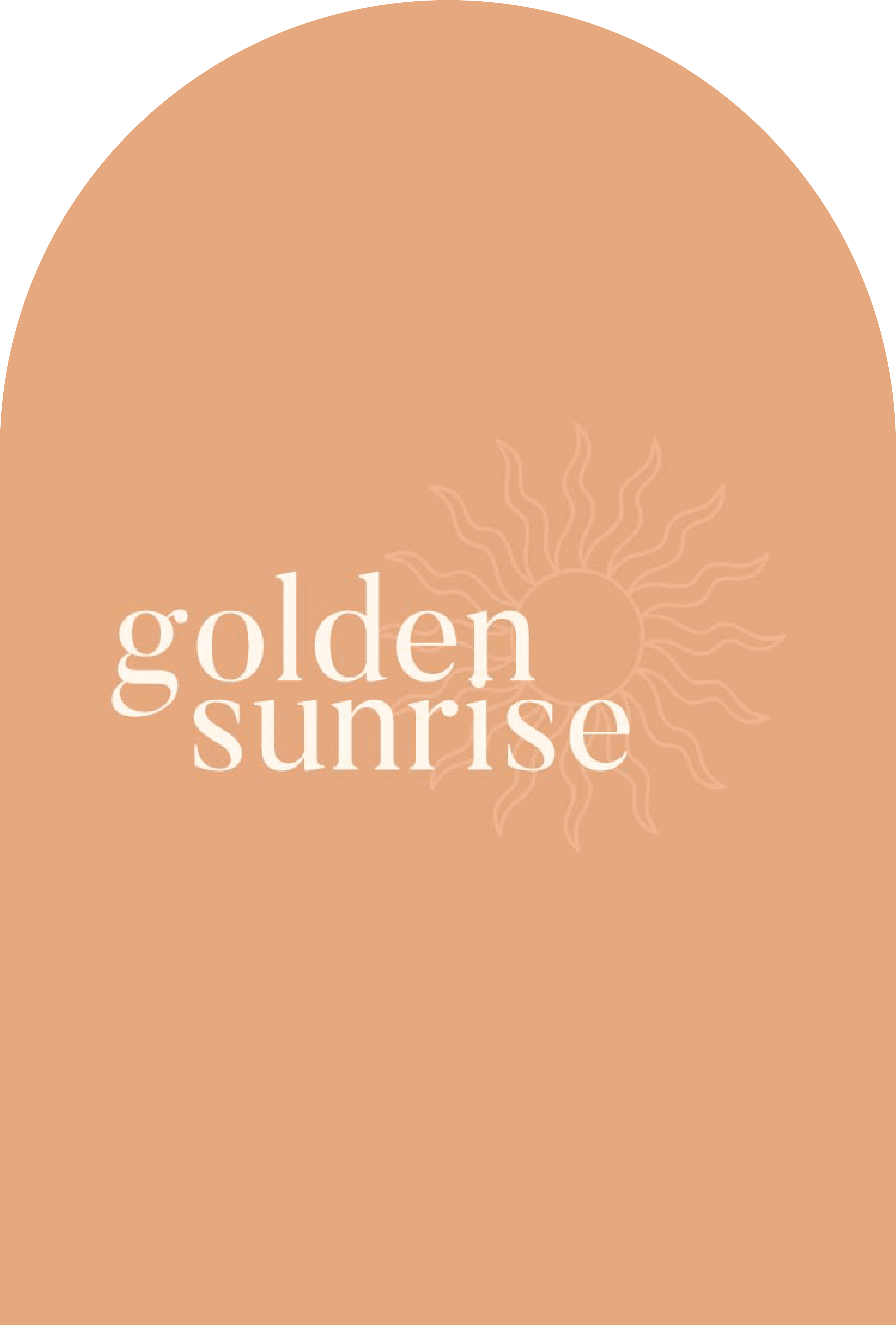 Logo for Golden Sunrise featuring minimalist white text on an arch-shaped warm peach background, subtly detailed with an outline of a sun