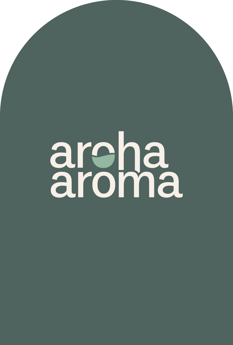 Logo for Aroha Aroma shown on an arch-shaped, deep green background with minimalist white text, featuring a simple design element in the letter "o"