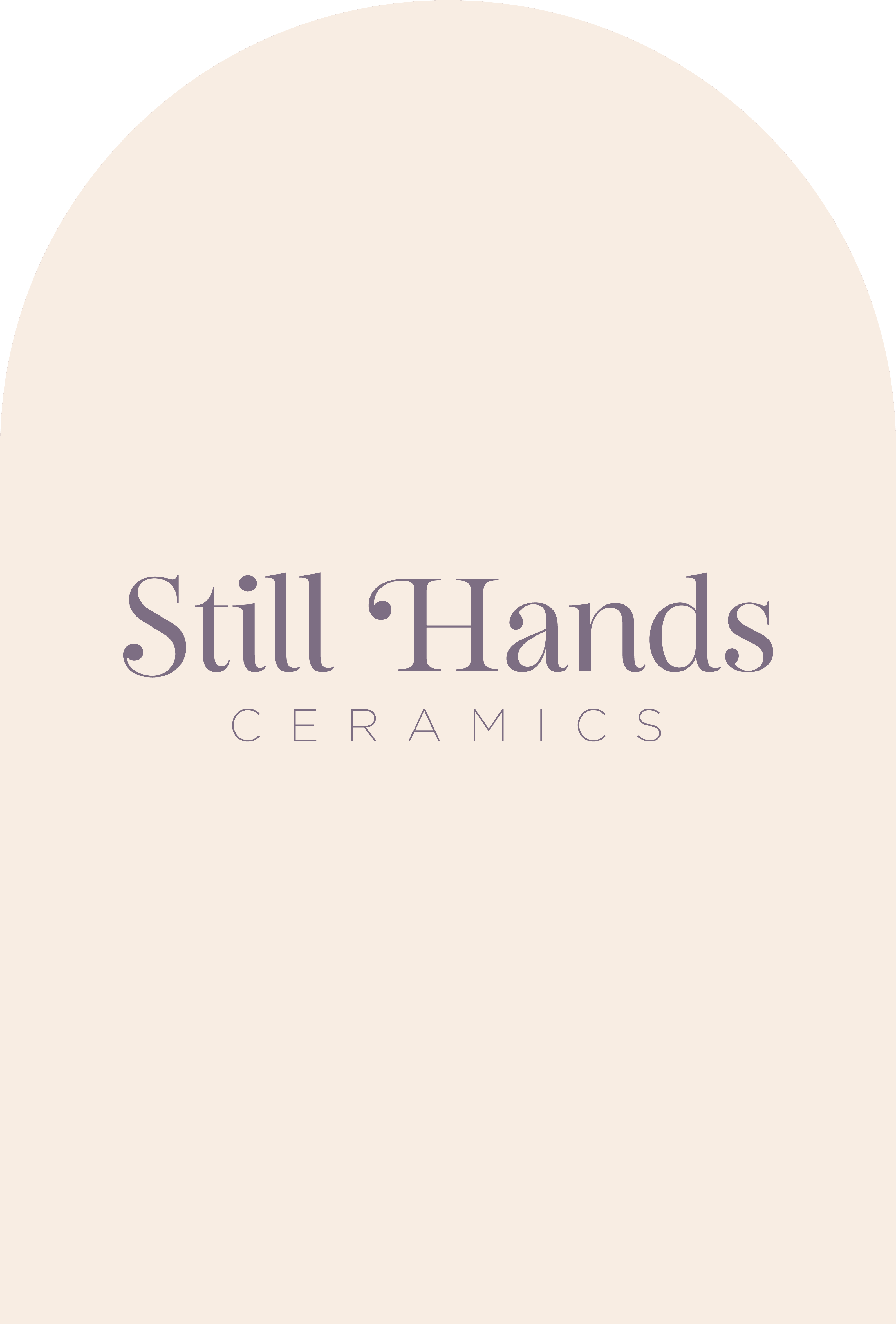 Logo for Still Hands Ceramics displayed on an arch-shaped, light beige background with elegant purple text