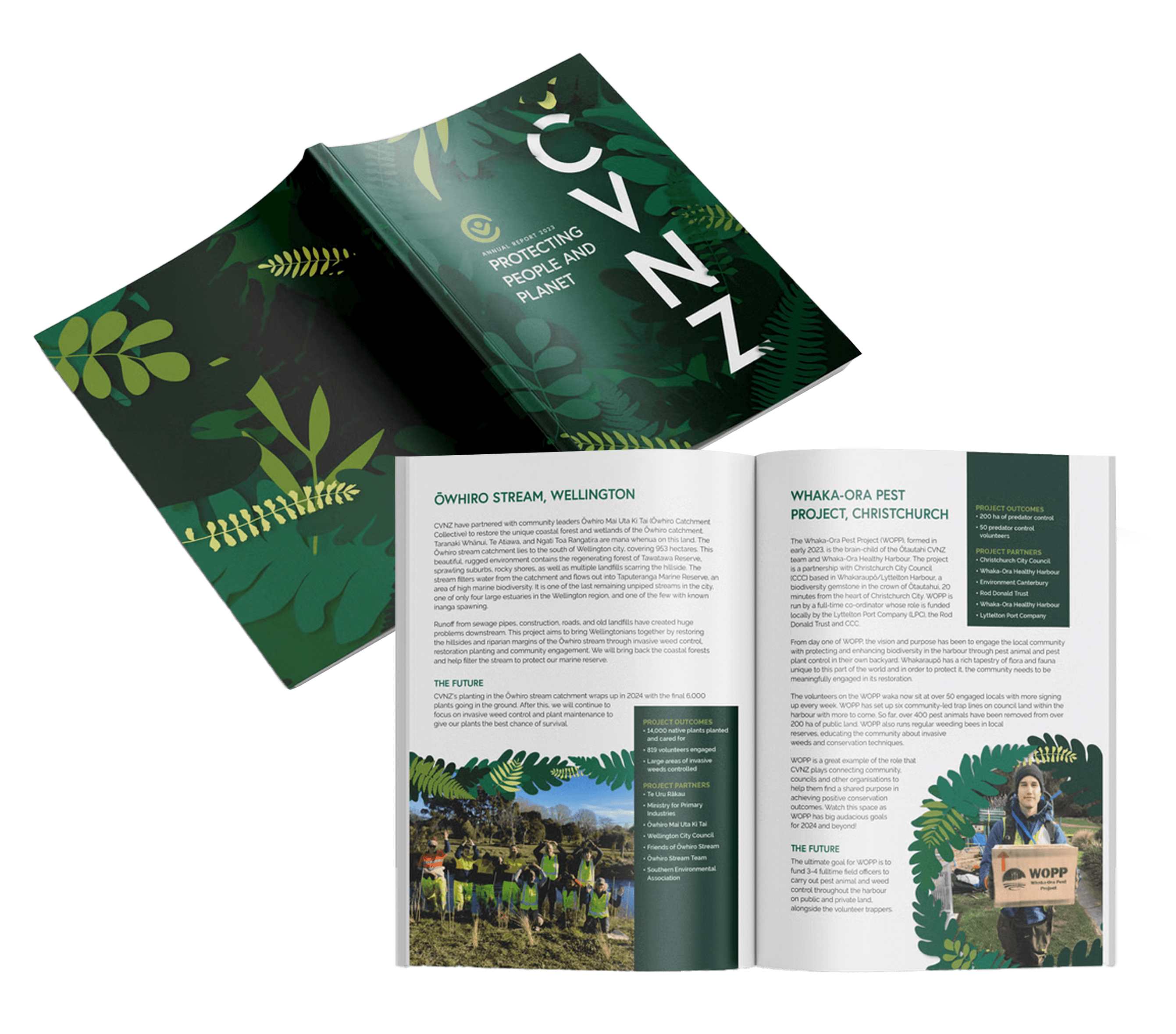 A mockup of the CVNZ 2023 Annual Report featuring a foliage-themed cover and a spread on the Ōwhiro Stream and Whaka-Ora Pest projects
