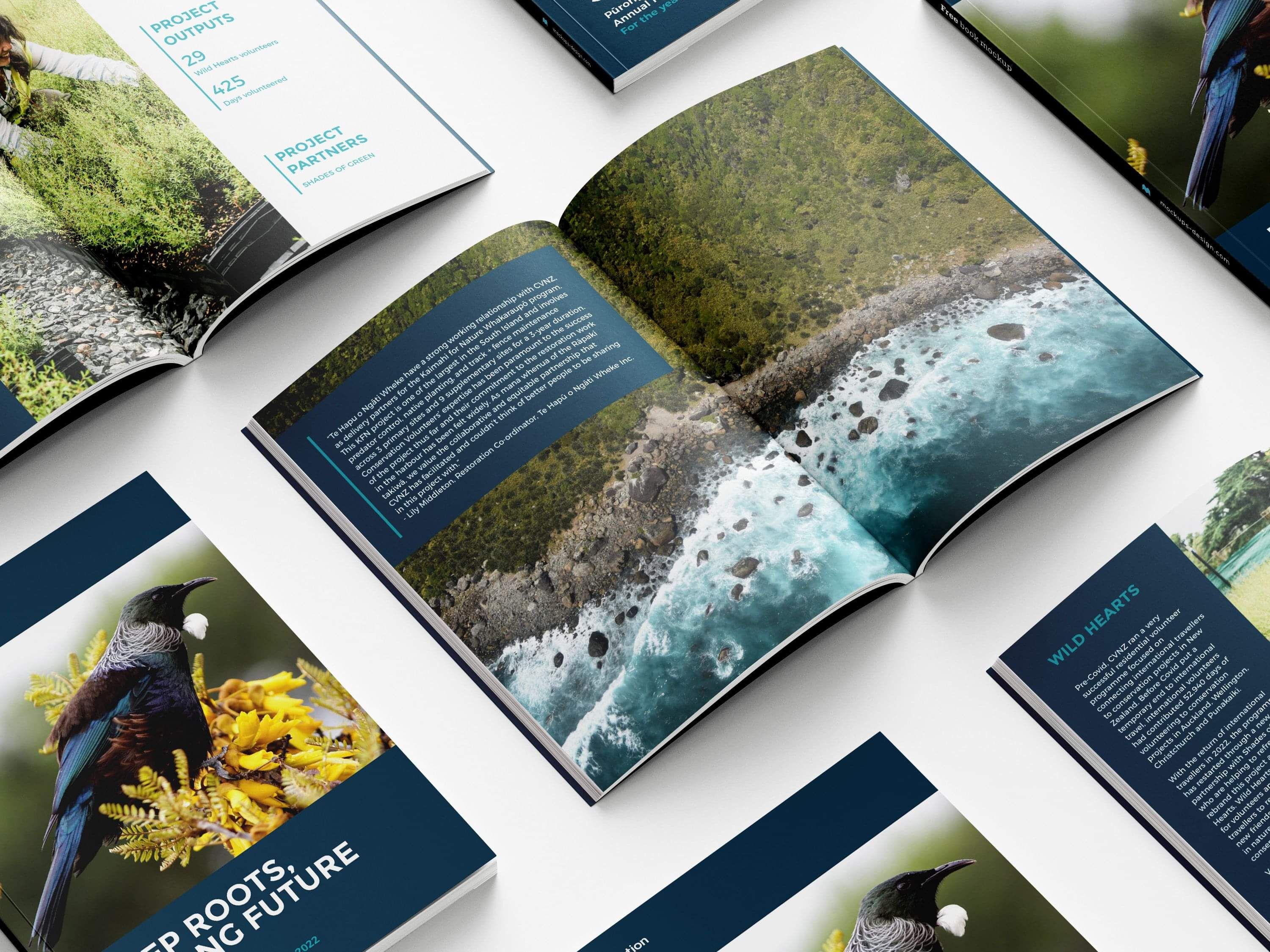 A mockup of the CVNZ 2022 Annual Report featuring covers and open spreads with a coastline aerial image, bird photography, and a dark blue theme