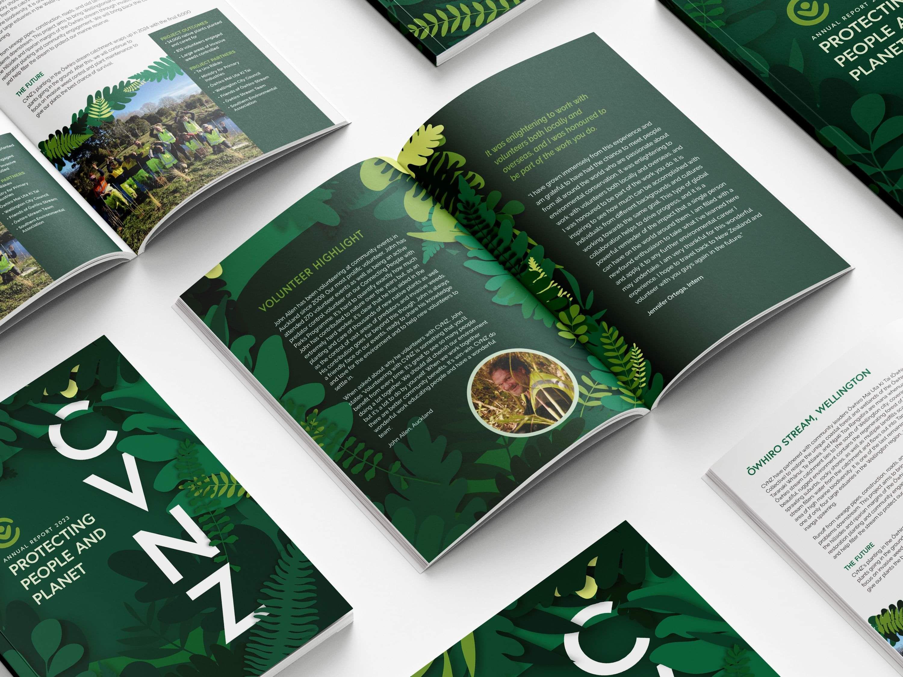 Mockup of the CVNZ 2023 Annual Report featuring foliage designs, volunteer highlights, and project details across multiple spreads
