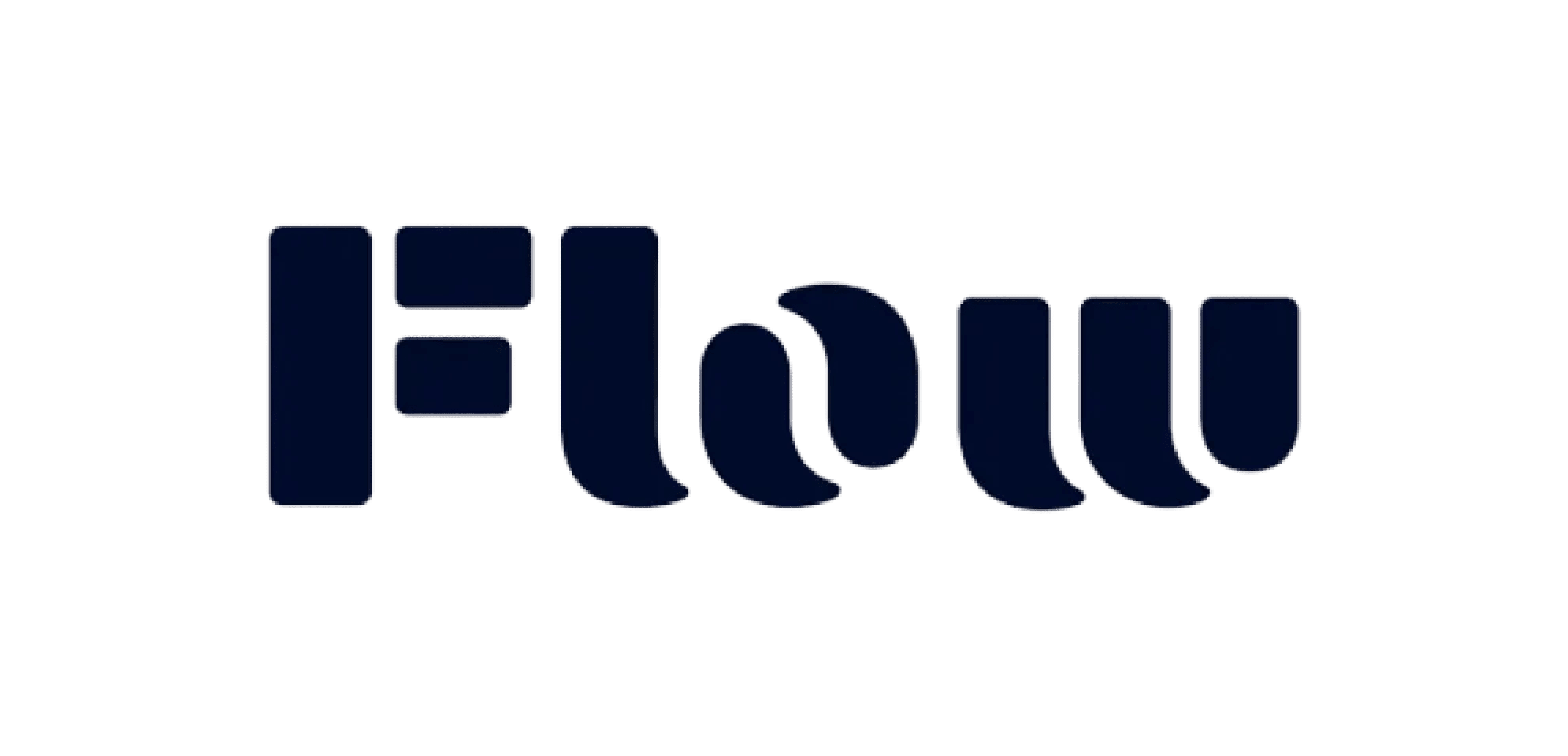 Flow logo with bold, stylised letters spelling 'Flow' in dark navy blue