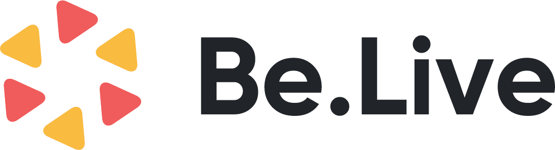 Be.Live logo includes yellow and orange triangular play icons forming a circle, next to bold black text reading "Be.Live"