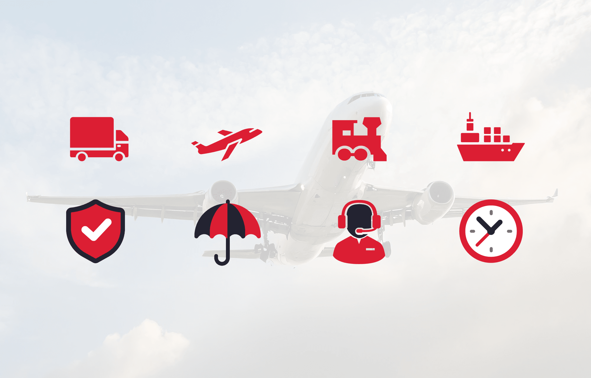 Red icons for services (truck, plane, train, ship) and features (shield, umbrella, headset, clock) over a faint white airplane background