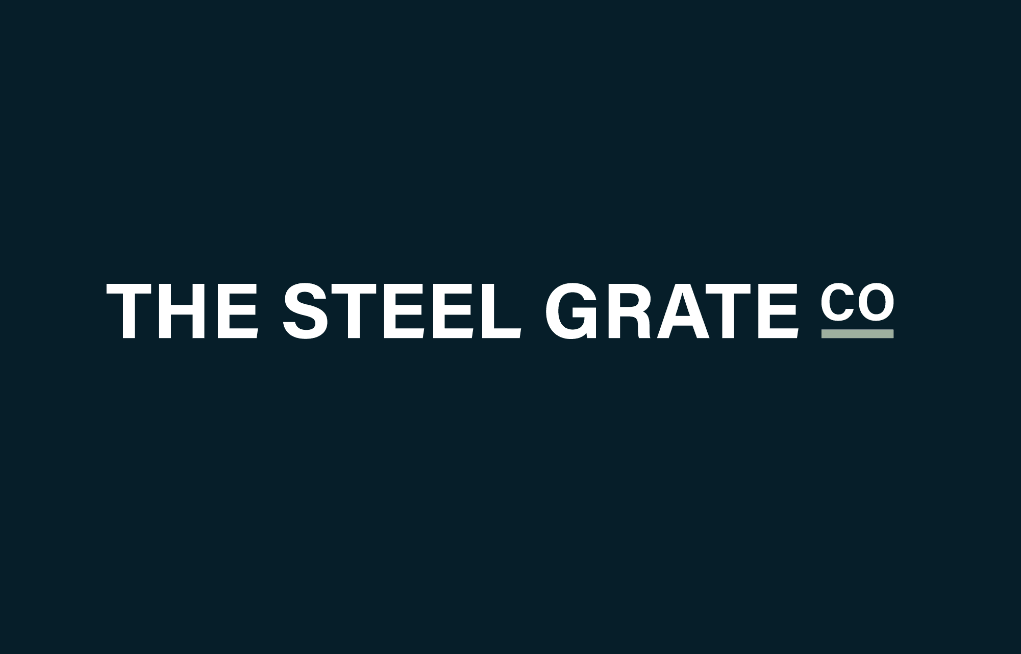 Dark navy background featuring 'The Steel Grate Co' in bold, all-caps white text with 'Co' underlined for emphasis
