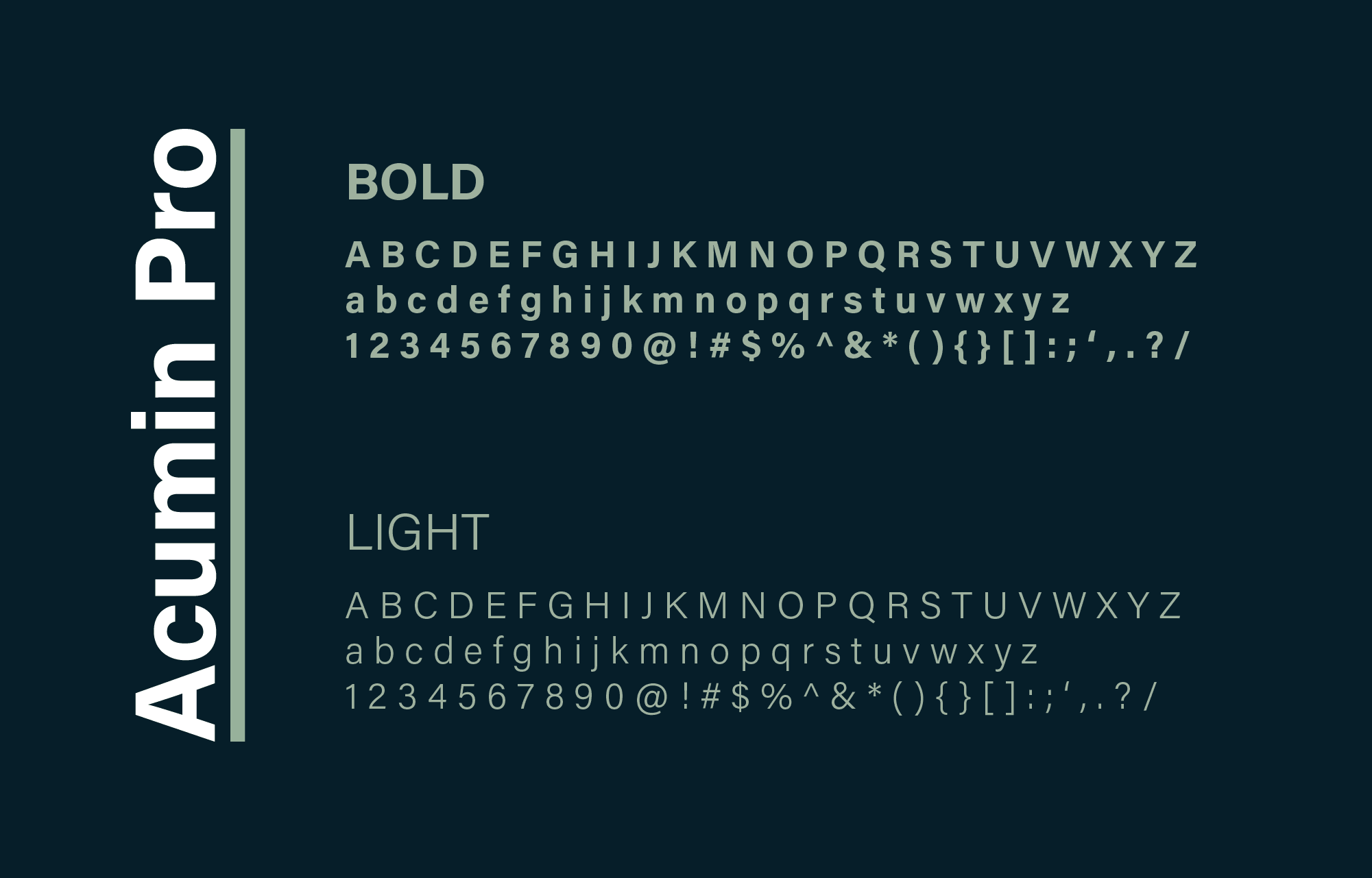 Typography display featuring 'Acumin Pro' in vertical white text, with bold and light font styles showing uppercase, lowercase, and symbols
