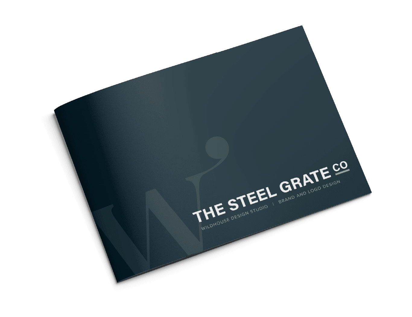 Dark grey booklet cover featuring 'The Steel Grate Co' in all caps white text, with 'Brand and Logo Design' beneath, and a faint 'W' background