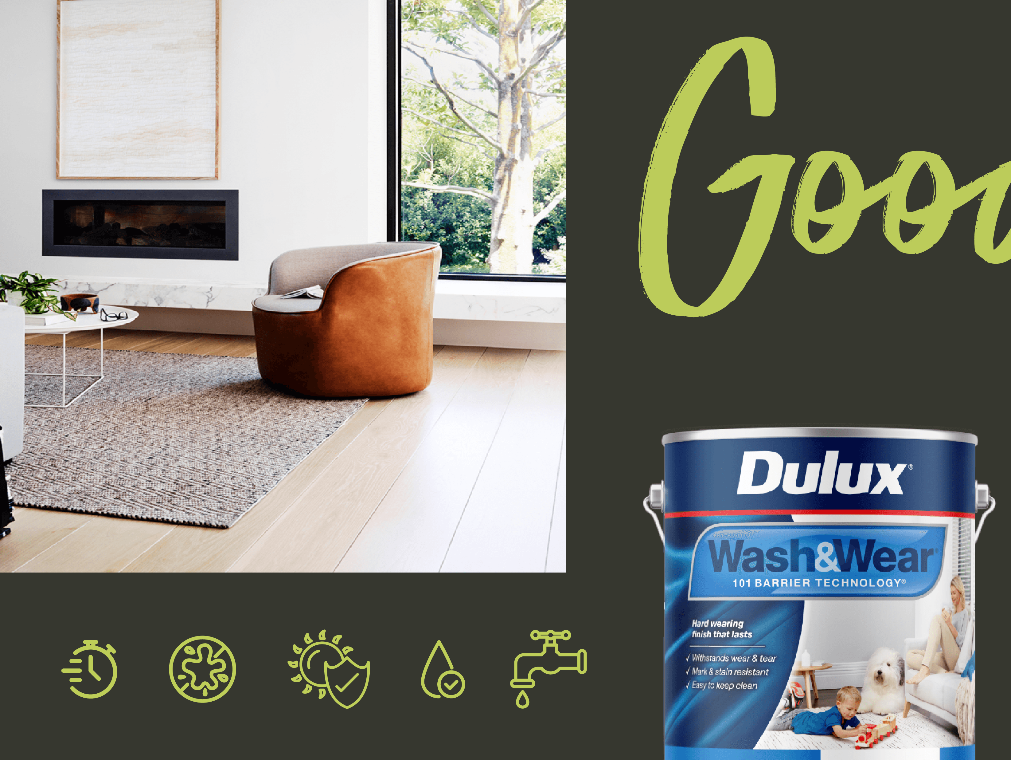 Modern living room with tan chair and fireplace, accompanied by Dulux Wash & Wear paint can on dark background with green icons and 'Good' text