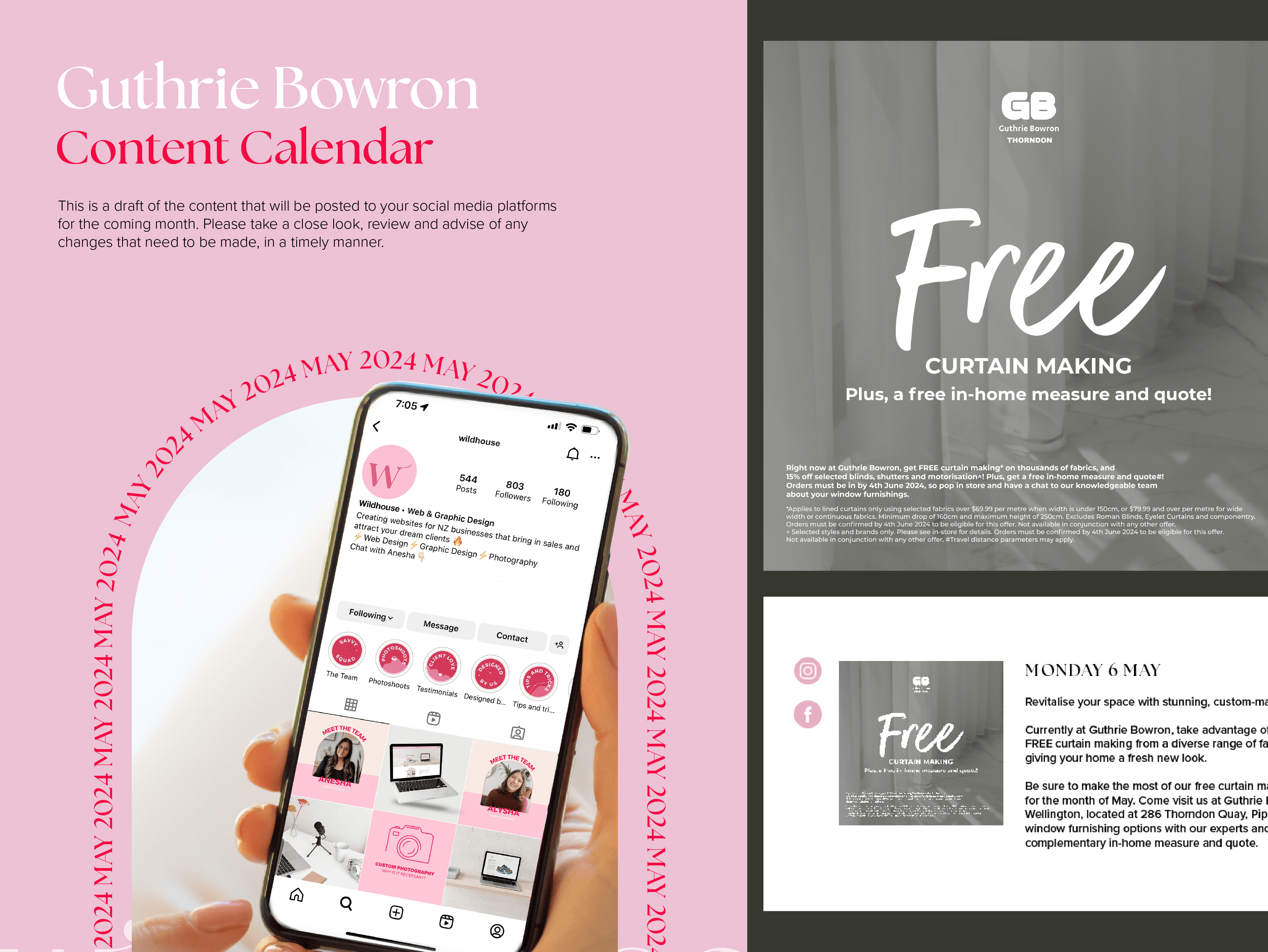 Pink-themed draft of Guthrie Bowron's content calendar showing a phone screen with a social media layout and a free curtain-making ad