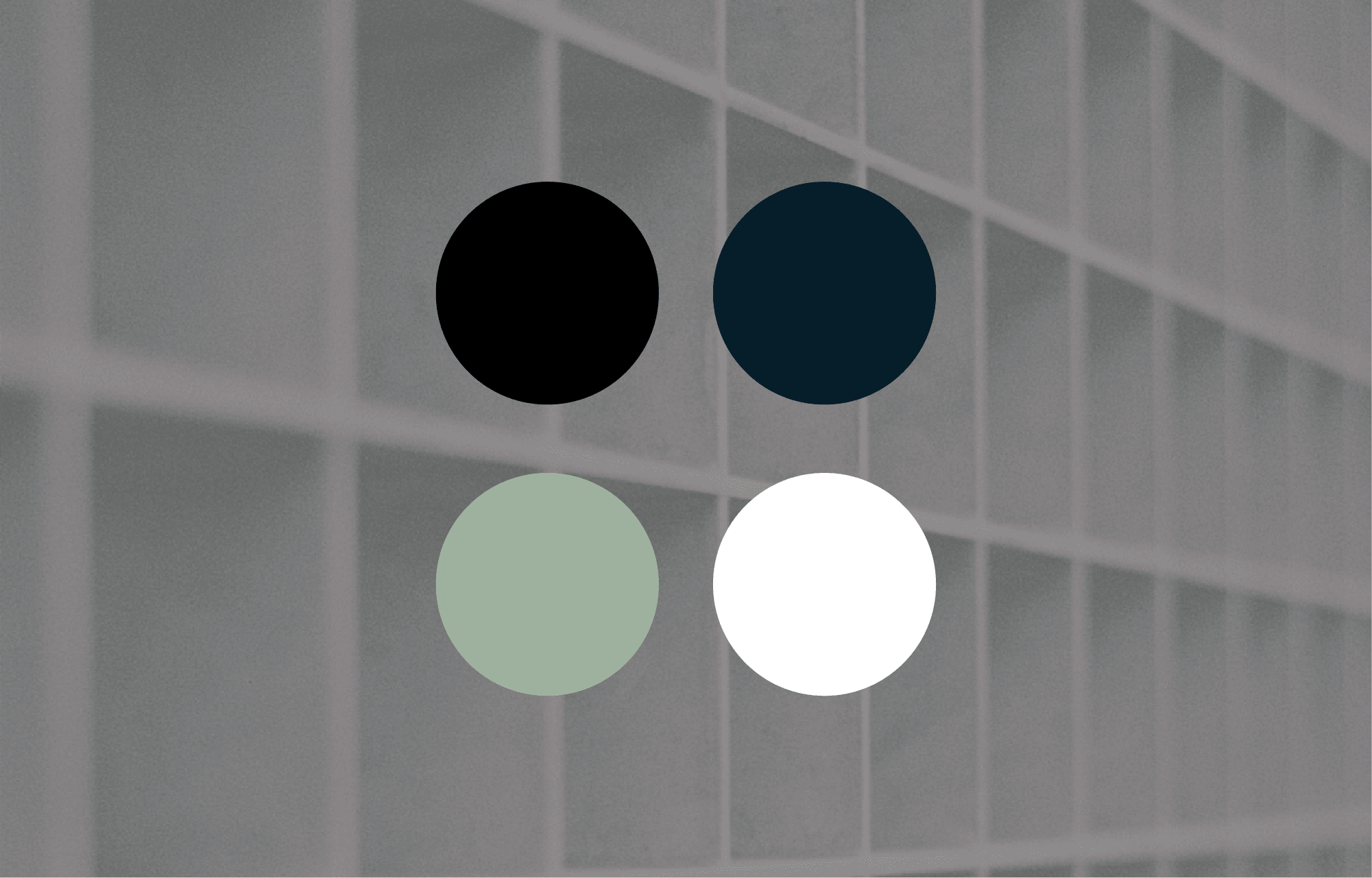 Colour palette with four circular swatches: black, navy blue, sage green, and white, overlayed on a blurred steel grate background