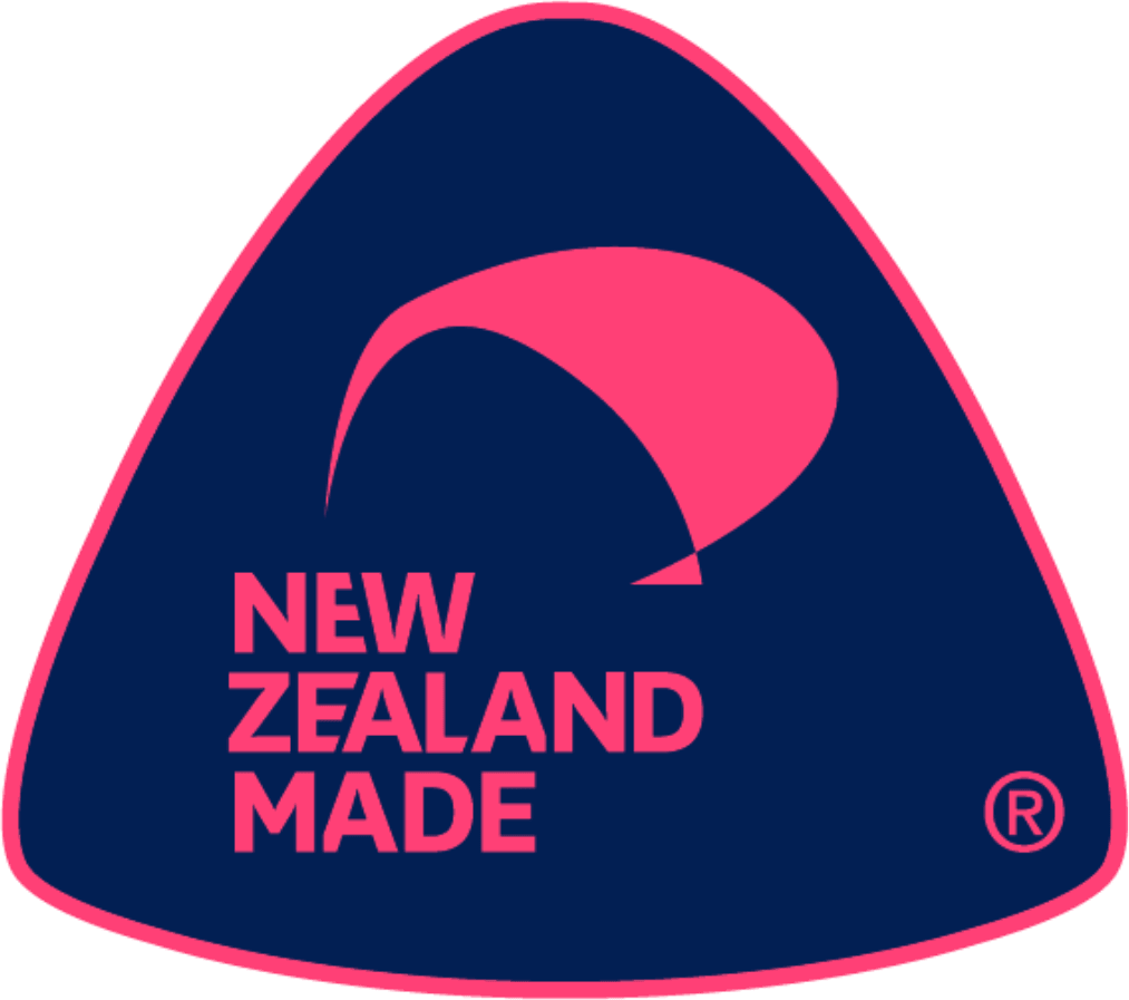 New Zealand Made logo featuring a stylised kiwi bird in pink on a navy triangular background