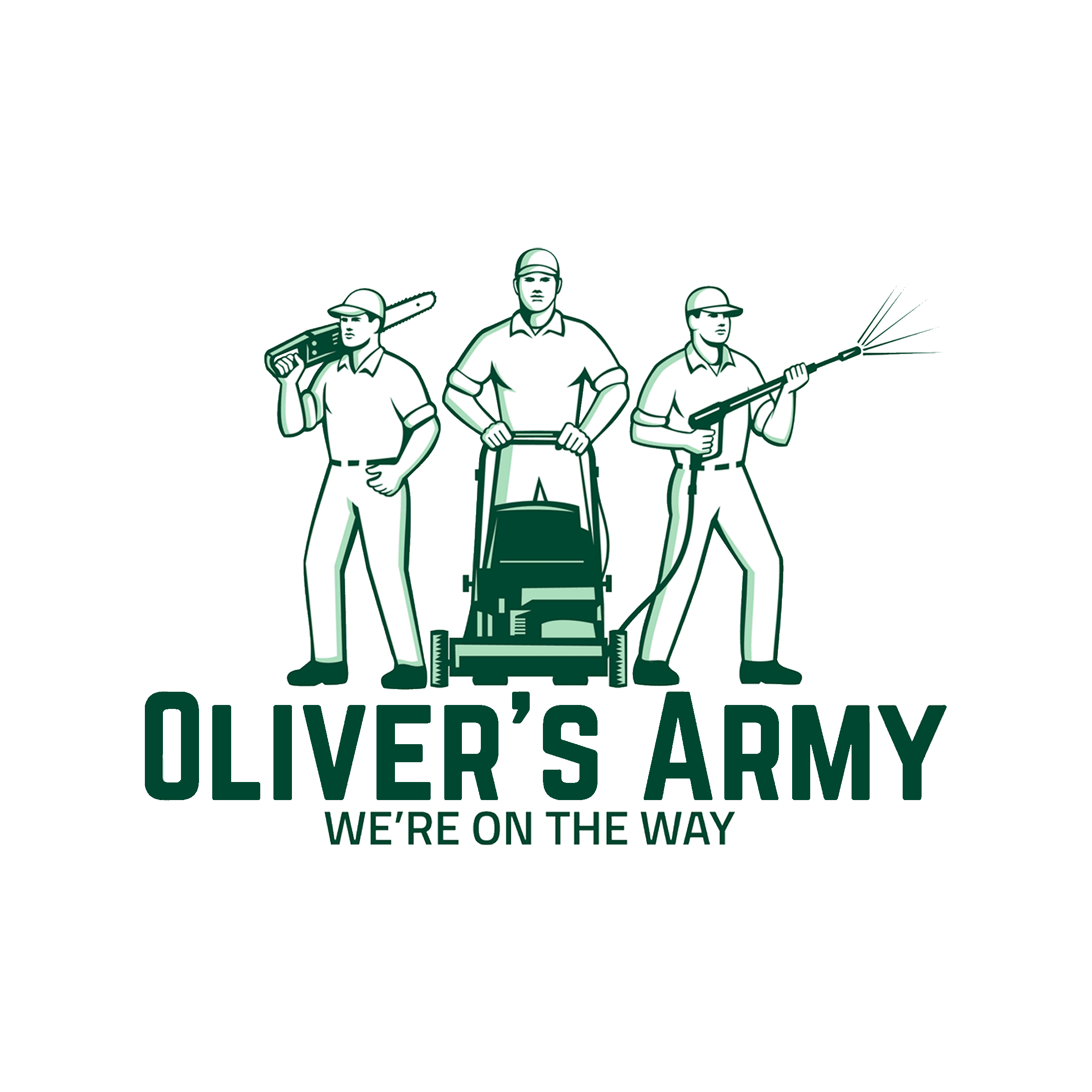 Logo of Oliver's Army featuring three illustrated figures with equipment and the tagline 'We're on the way' below the business name