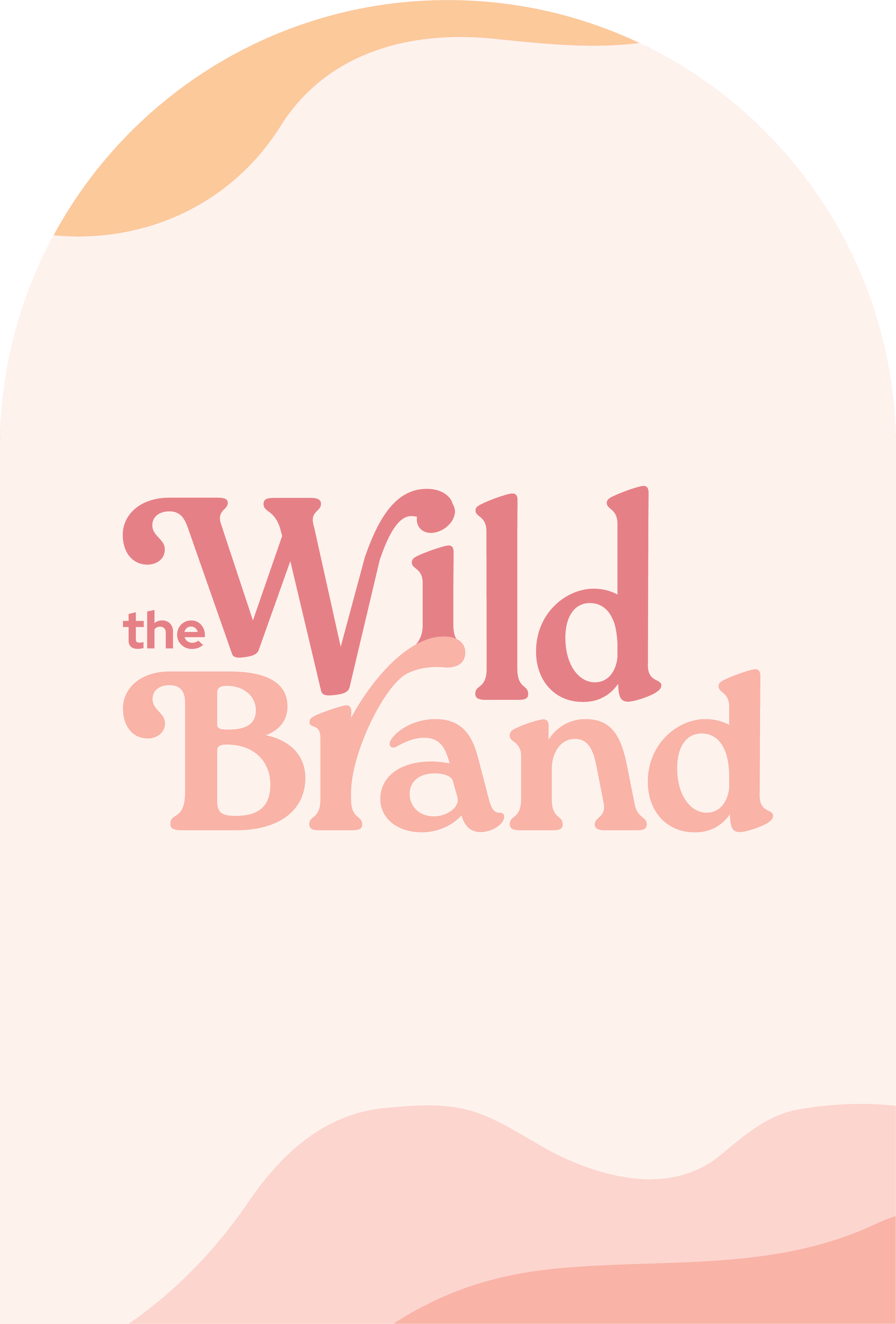 Logo for The Wild Brand with pink, vintage-style lettering on a light background, accented by soft abstract shapes in warm tones