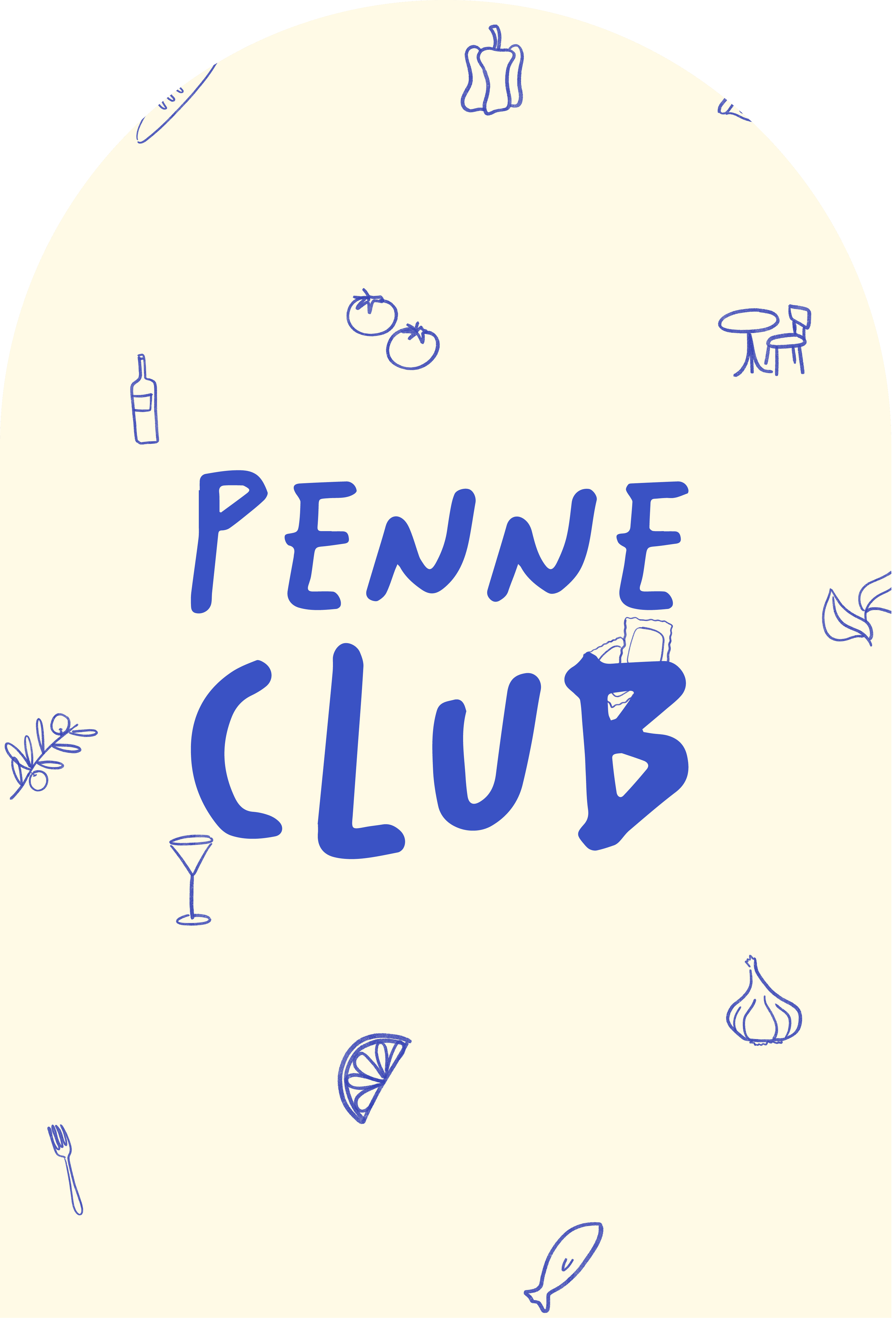 Logo for Penne Club featuring bold, handwritten blue text on a light background, surrounded by small food and drink icons in matching blue