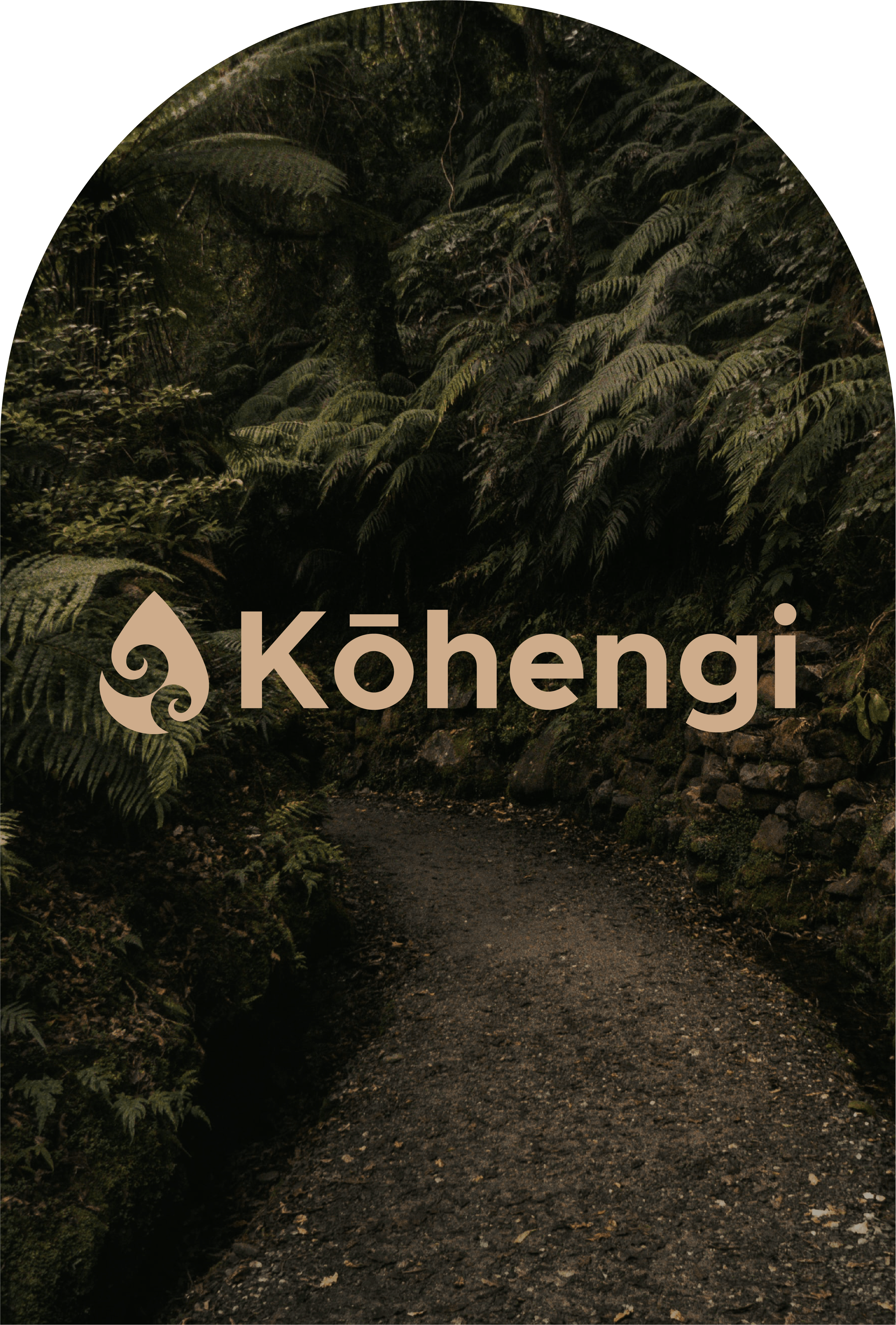 Kōhengi logo in light tan with a stylised teardrop design, set against a lush, forested path background
