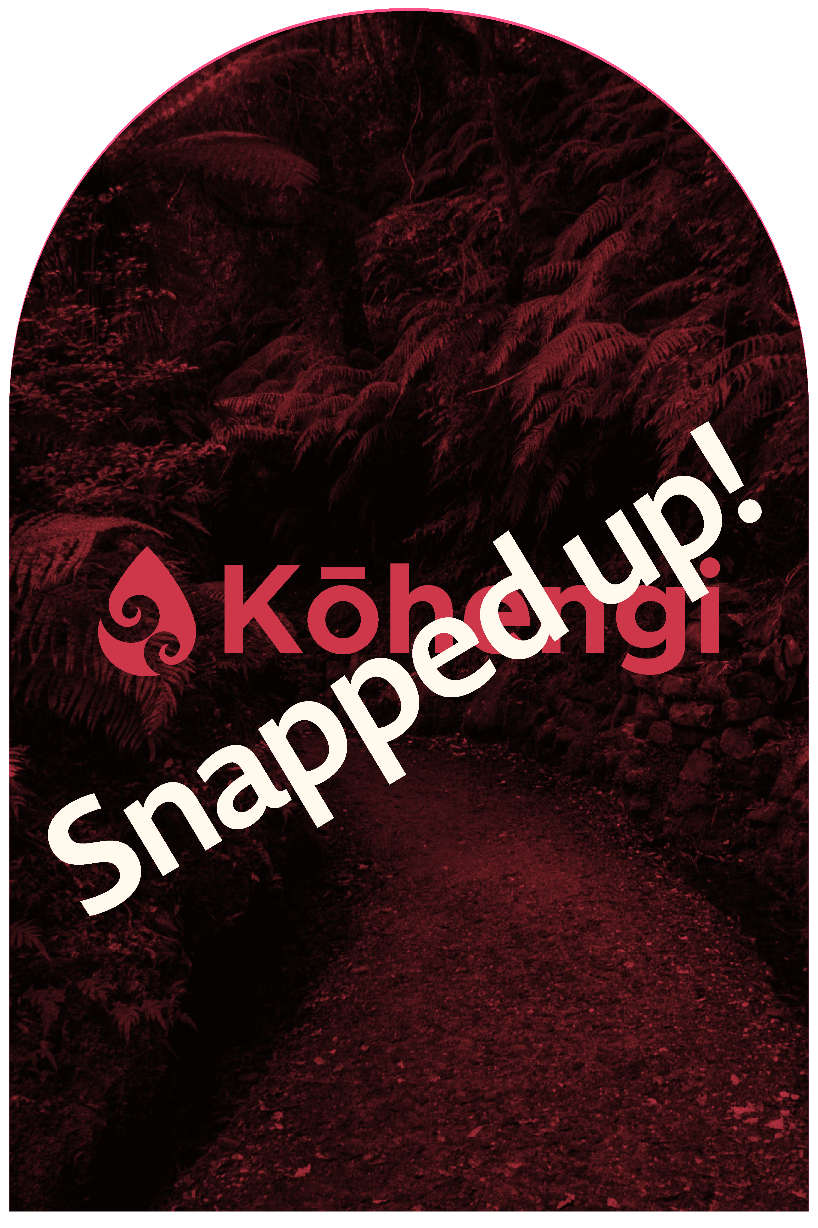 Kōhengi logo in light tan with a stylised teardrop design, set against a lush, forested path background