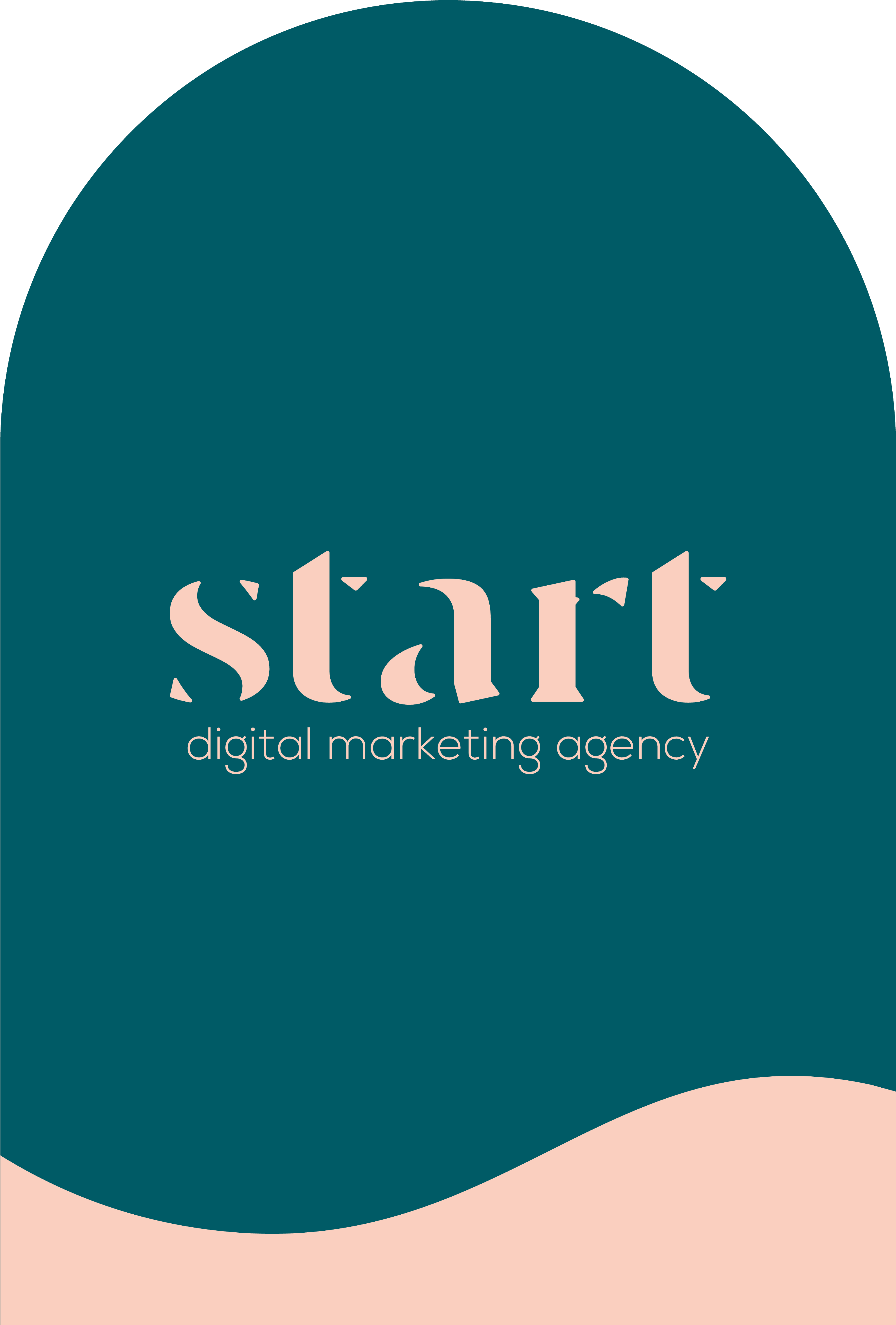 Start Digital Marketing Agency logo on a teal background with a pink wave, featuring bold serif text.