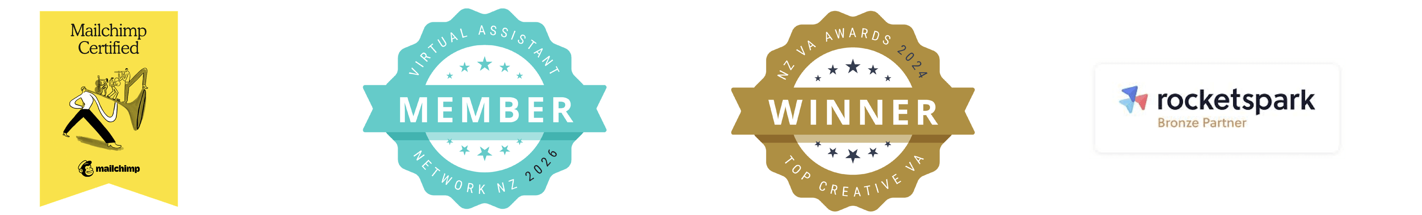 Certification badges including Mailchimp Certified, Virtual Assistant Network Member, NZ VA Awards Winner, and Rocketspark Bronze Partner.