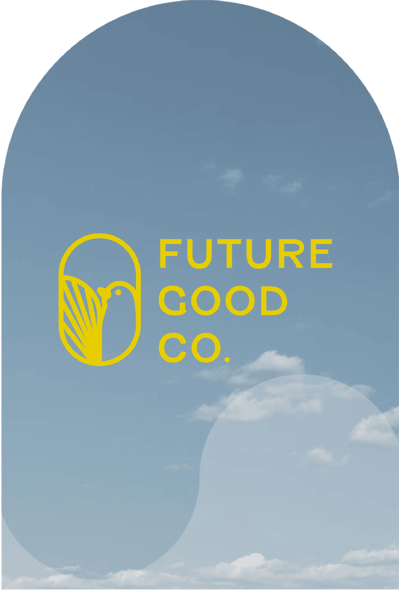Future Good Co. logo in bold yellow text with a stylized bird emblem, set against a blue sky background