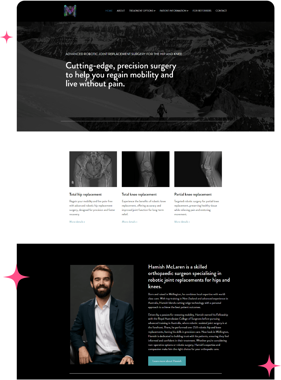 Homepage for Hamish McLaren showcasing robotic joint replacement services with a sleek black-and-white design, procedure details, and his portrait