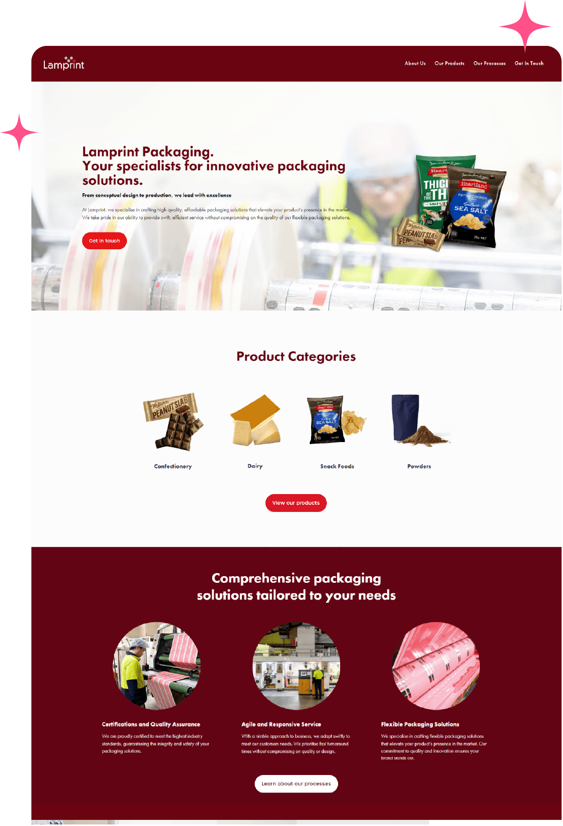 Lamprint Packaging homepage highlighting innovative solutions with product categories, tailored services, and a professional design