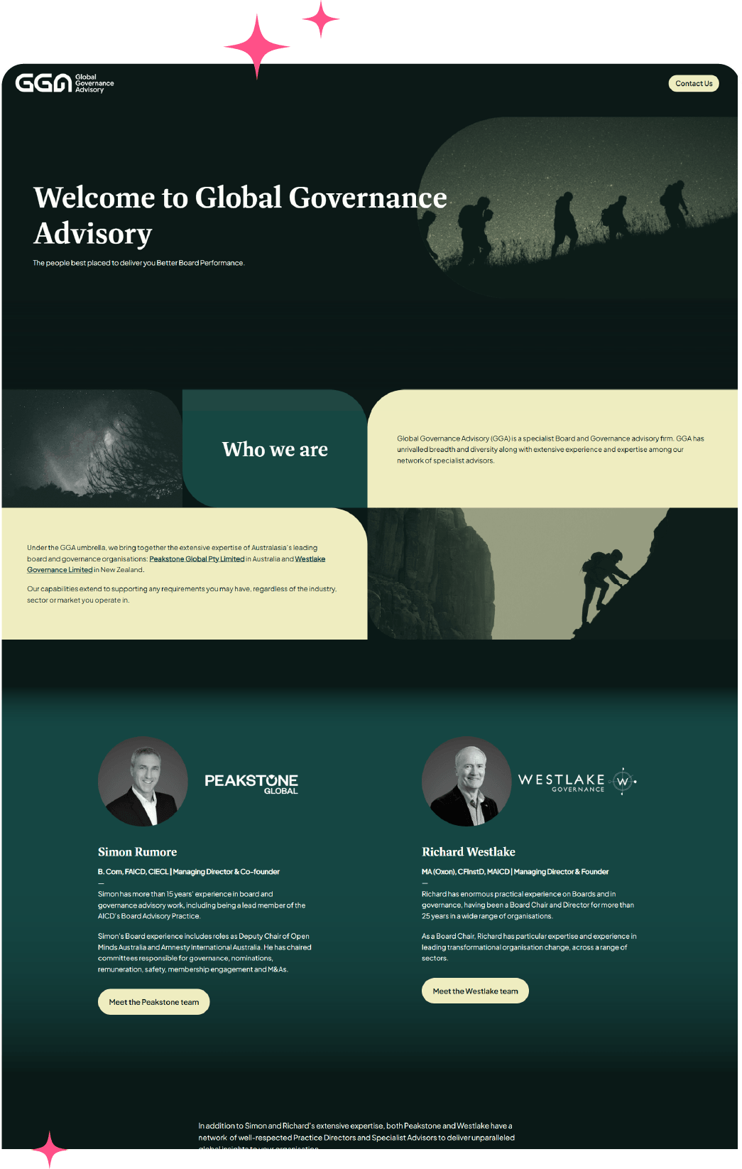 Global Governance Advisory homepage in dark green, black, and cream, featuring climber silhouettes, firm intro, and advisor profiles