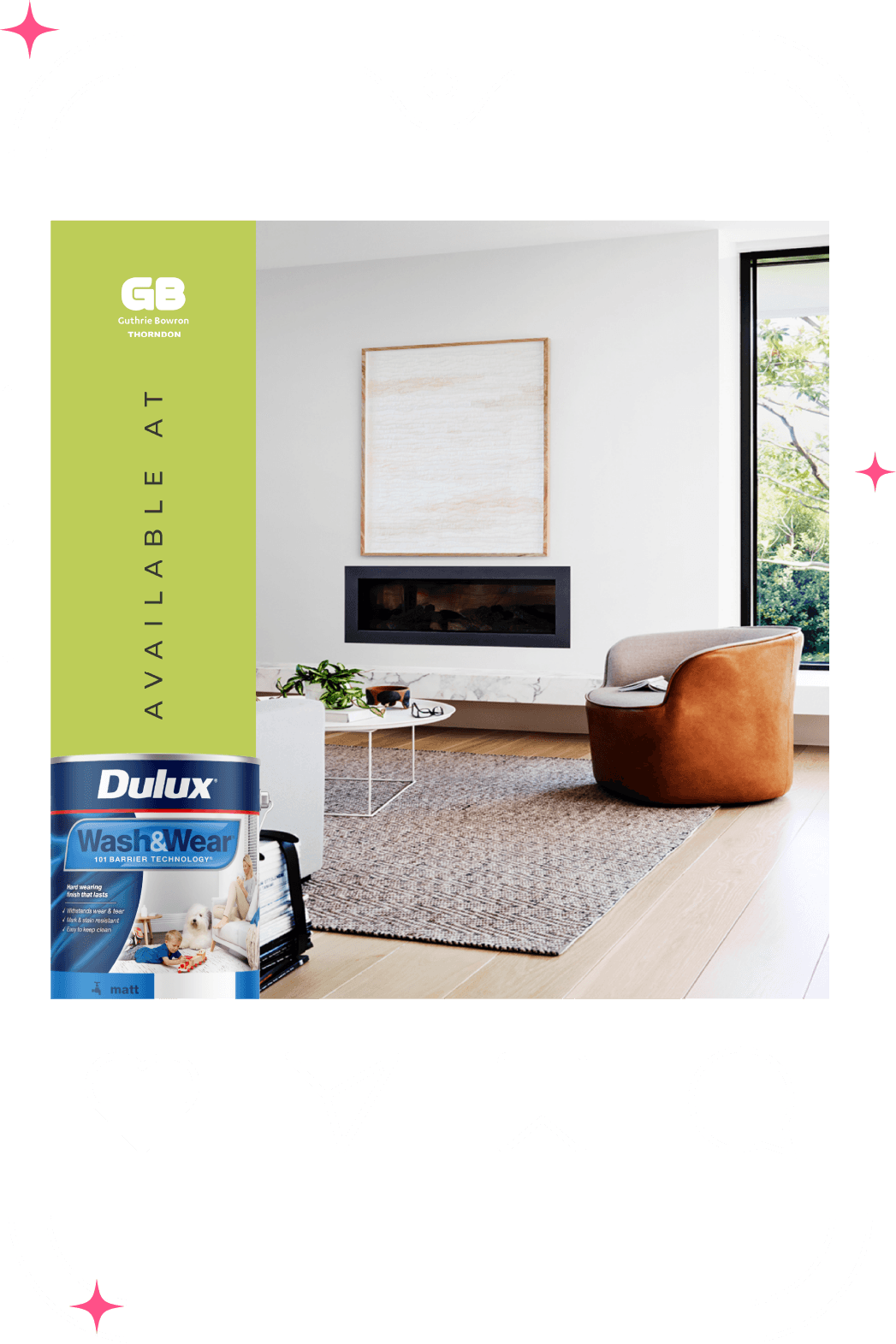 Instagram-style mockup showcasing a modern living room with neutral tones, a green Guthrie Bowron banner, and a Dulux Wash & Wear paint can